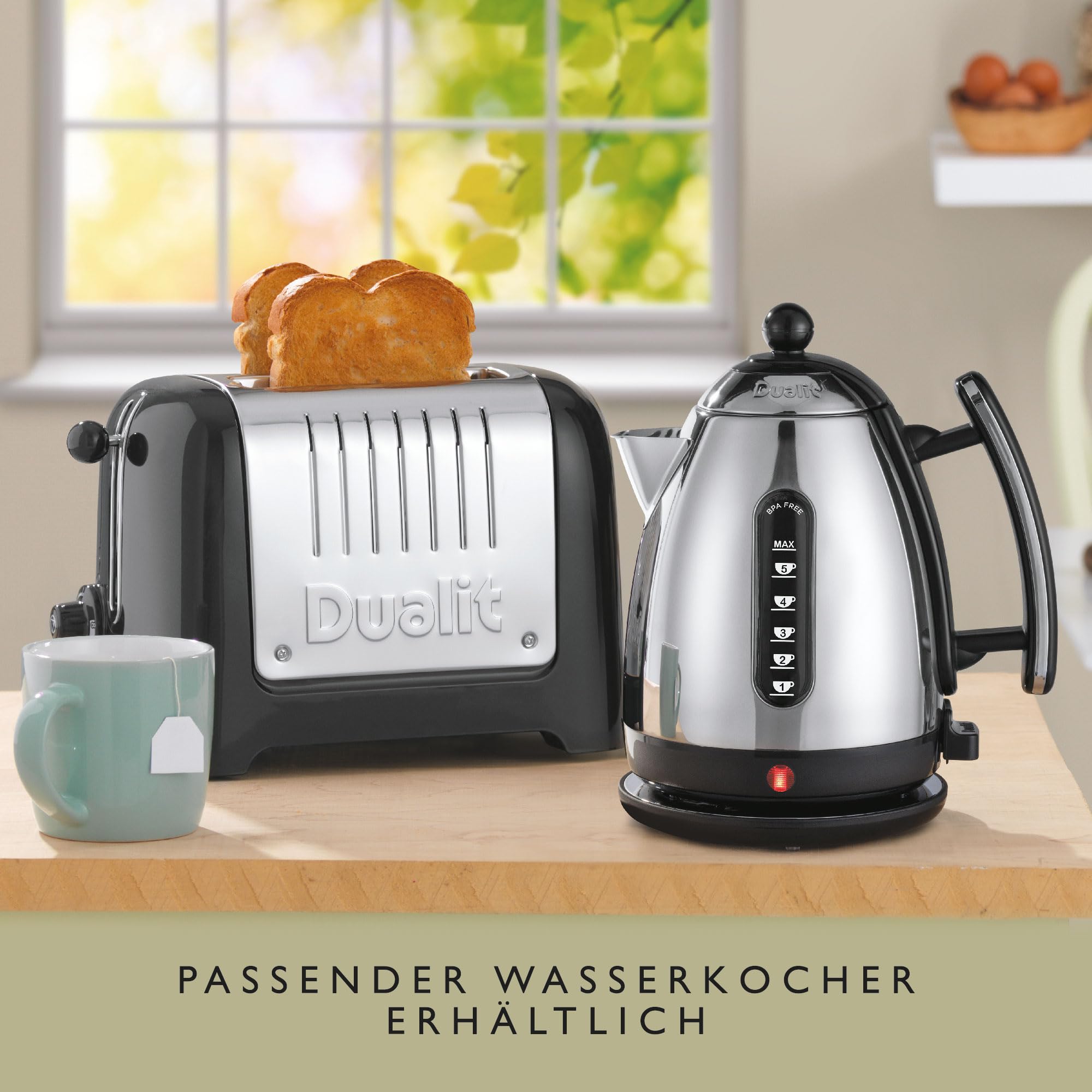 Dualit LITE Toaster 2 Scheiben, 36-mm-Schlitze, Edelstahlgehäuse, Schwarz | Retro-Design, für Bagels, Brötchen und Toastbrot, Auftaufunktion, Peek-and-Pop®, wählbare Bräunungsstufen, 1.700 g