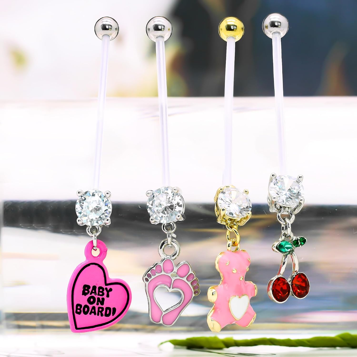 8~12 Pcs 14G 38mm Pregnancy Belly Button Rings Flexible Bioplast Long Bar Cherry Cute Little Feet Belly Rings for Maternity Clear Navel Piercing Retainer