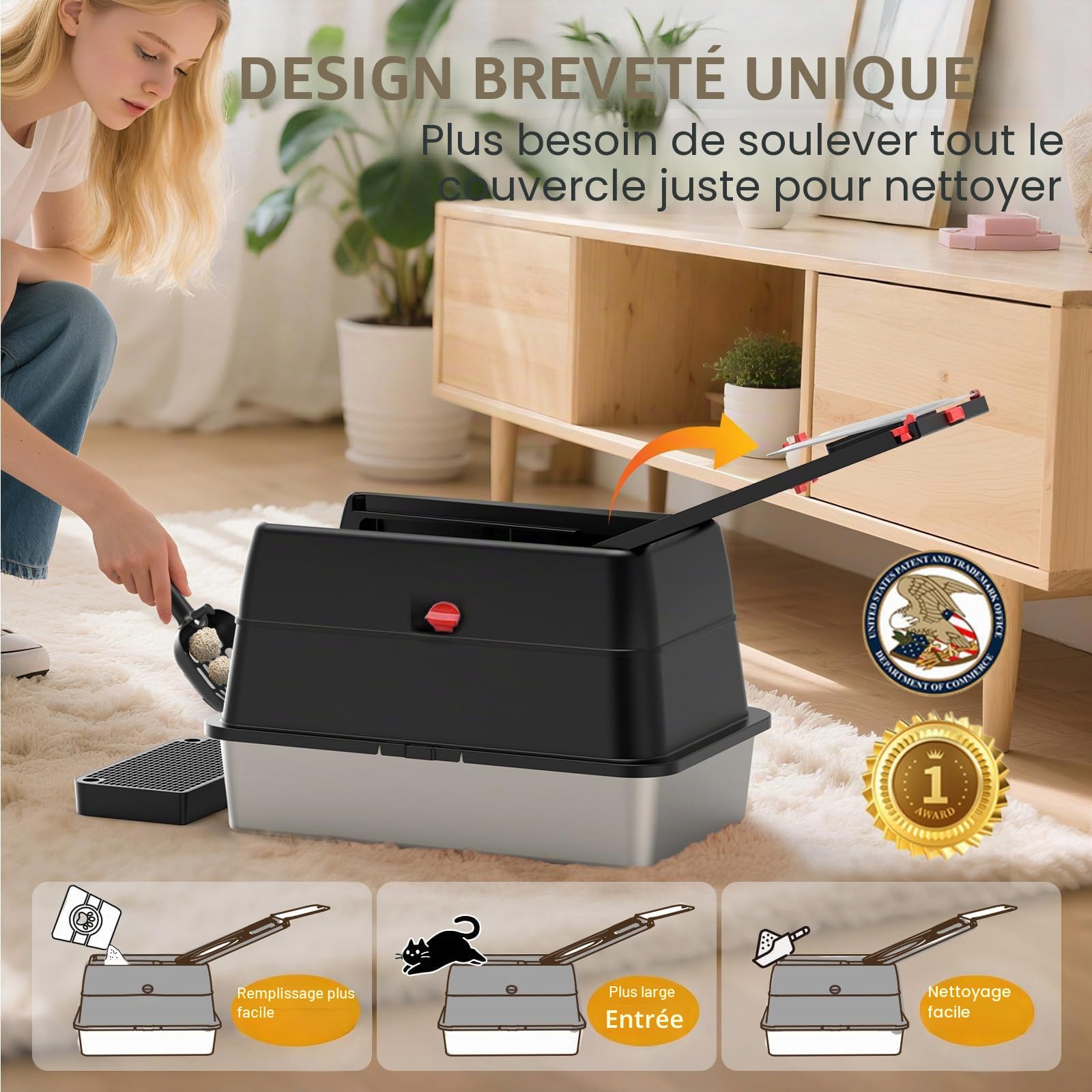 Bac à litière en Acier Inoxydable, métal SUS304, Couvercle Rabattable Amovible et Conception fermée à Bords Hauts, Toilettes pour Chat XXL | Contrôle des odeurs | Anti-fuites | avec Pelle, pédale