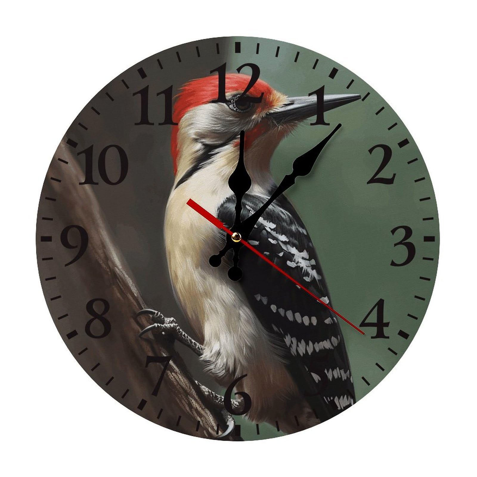 QMNLKH Woodpecker Wall Clock for Home, Battery Operated Clock for Hotel, Round Wall Clock with Arabic Numerals Black, Easy to Read, Non-Ticking Clocks for Living Room 25 * 25cm