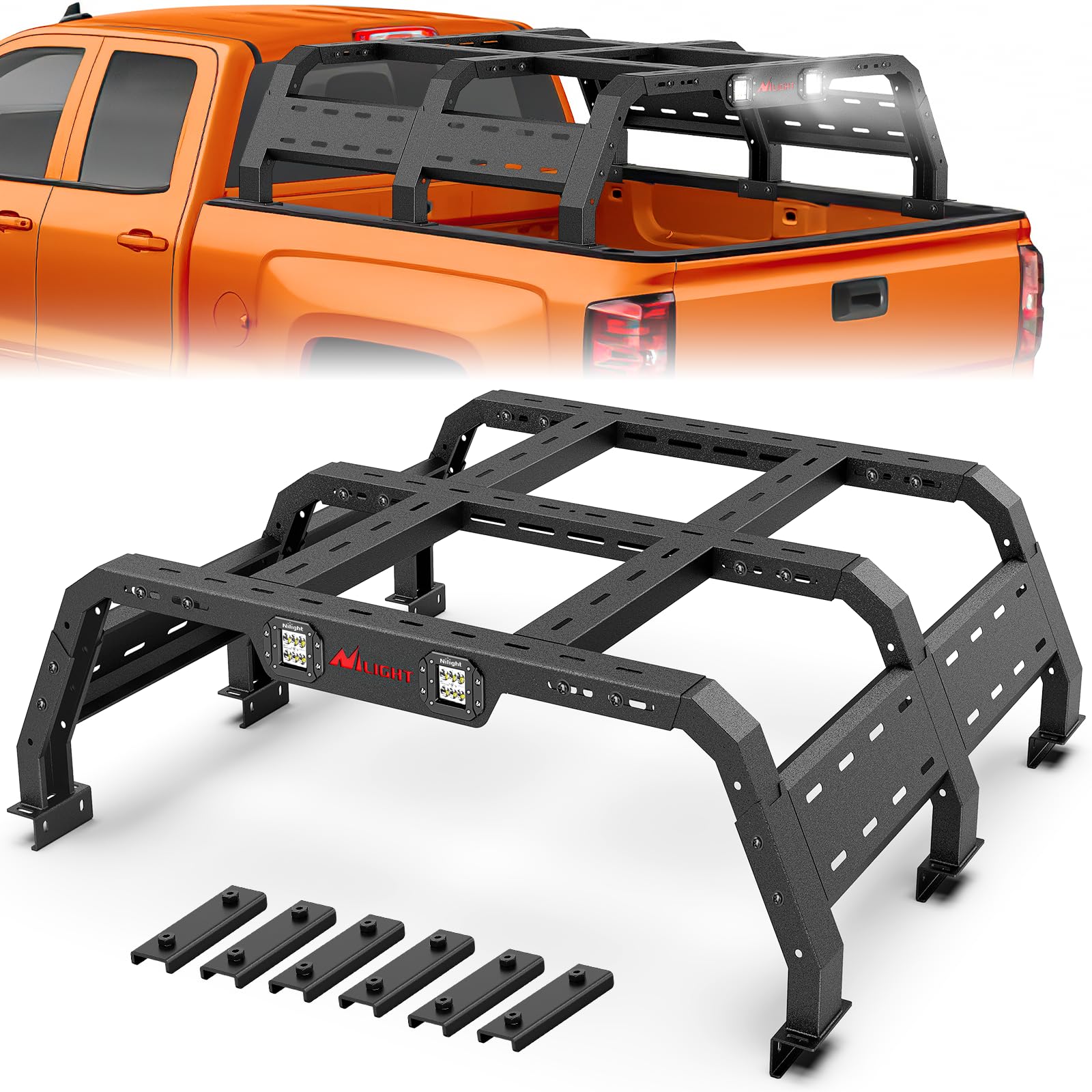 Portaequipajes Nilight para caja de camioneta compatible con Dodge Ram 1500 (2002-2024), Chevy Silverado 1500 (2014-2024), Ford F150 (2009-2024) y Toyota Tundra Overland (2007-2013), extensor con 2 luces LED.