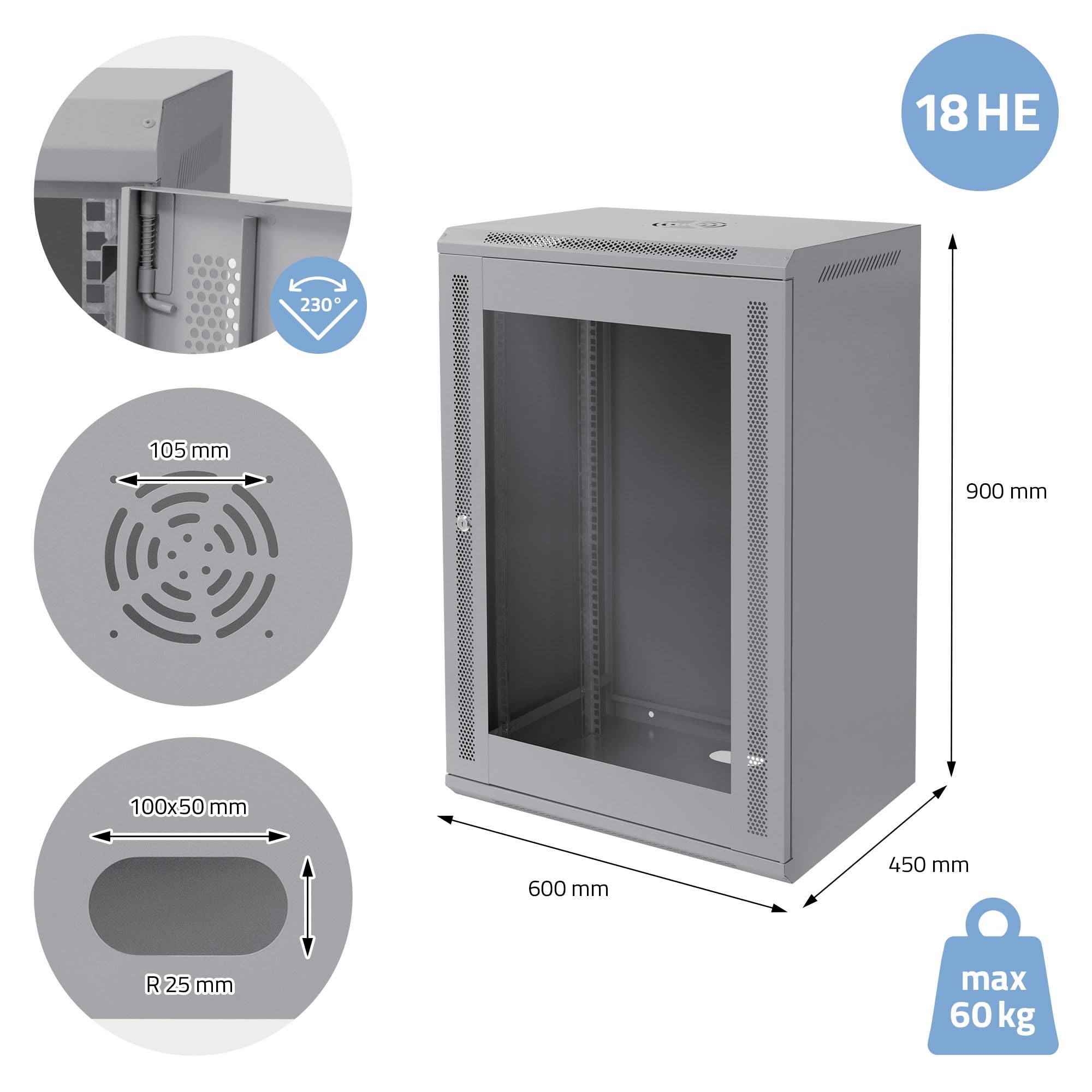 ECD Germany Armadio Rete 18U Armadio per Server 19 Pollici Grigio 450mm Profondità Montaggio a Parete Porta Vetro Sicura Fino a 60 kg Ripiano Incluso Grado di Protezione IP20 Rack 600 x 900 x 450 mm