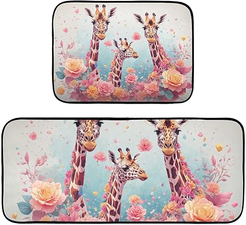 Kitchen Mats for Floor 2 Piece Set Giraffe Family Flower Print, Anti Skid Cushioned Water Absorbent Kitchen Rugs Door Mat Floor Mats for Kitchen Sink