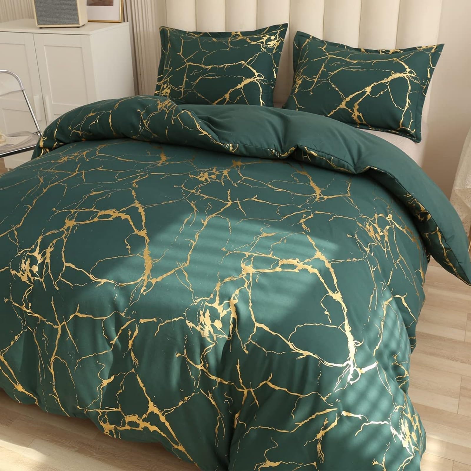 Parure de lit 220 x 240 vert foncé doré housse couette microfibre