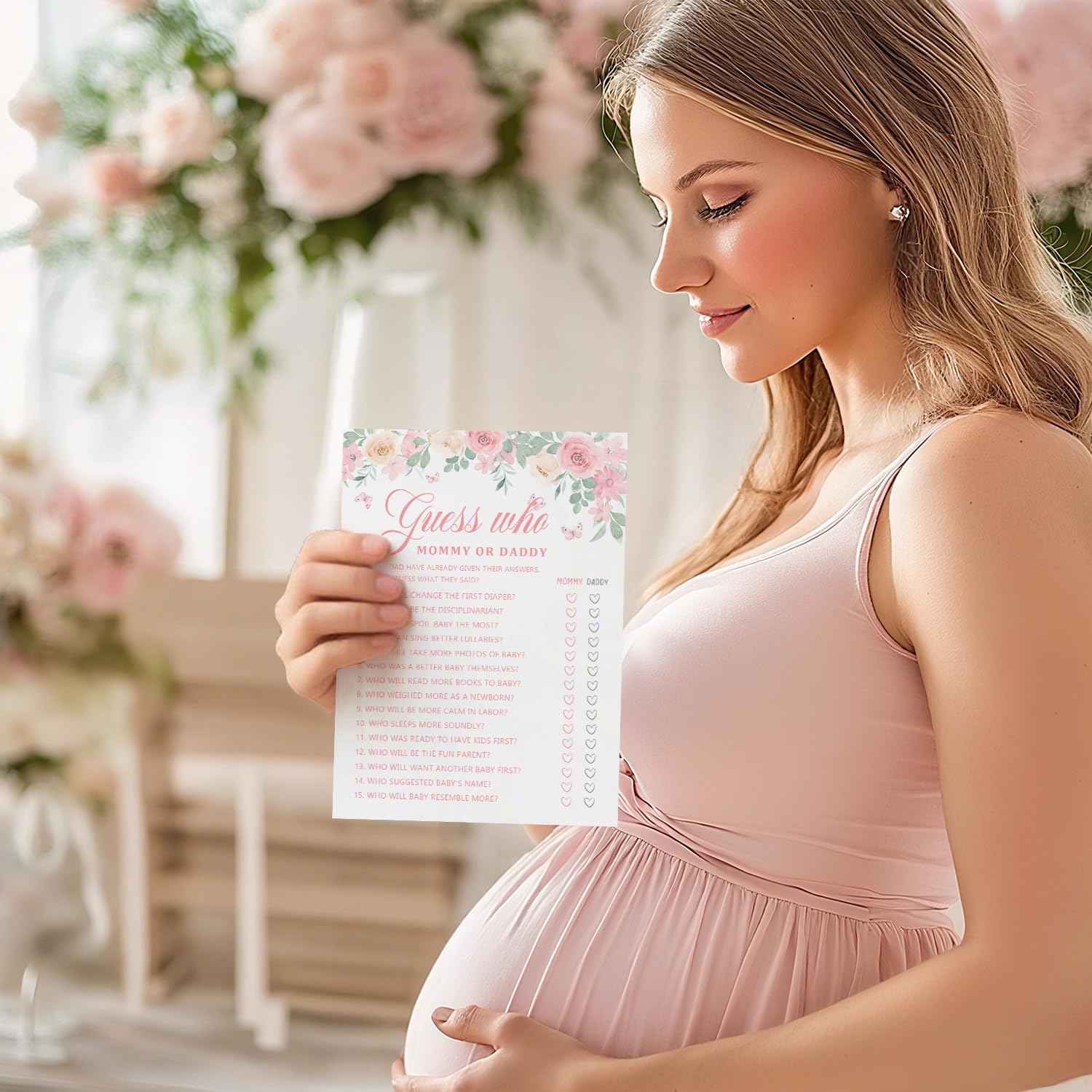 Pink Floral Baby Shower Games for Girl, 25 Double-Side Guess Who Mommy or Daddy Game Set for Guest, Baby in Bloom Decorations Favor for Gender Reveal Party -C08