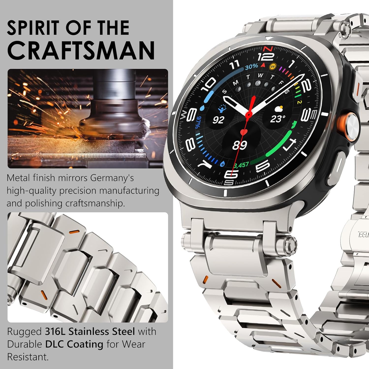 WINGLE Stainless Steel Band for Galaxy Watch Ultra Bands 47mm 2025/2024 Men Rugged Durable Armor Metal Band Classy Casual Business Samsung Galaxy Watch Ultra Bands Butterfly Folding Clasp, Titanium