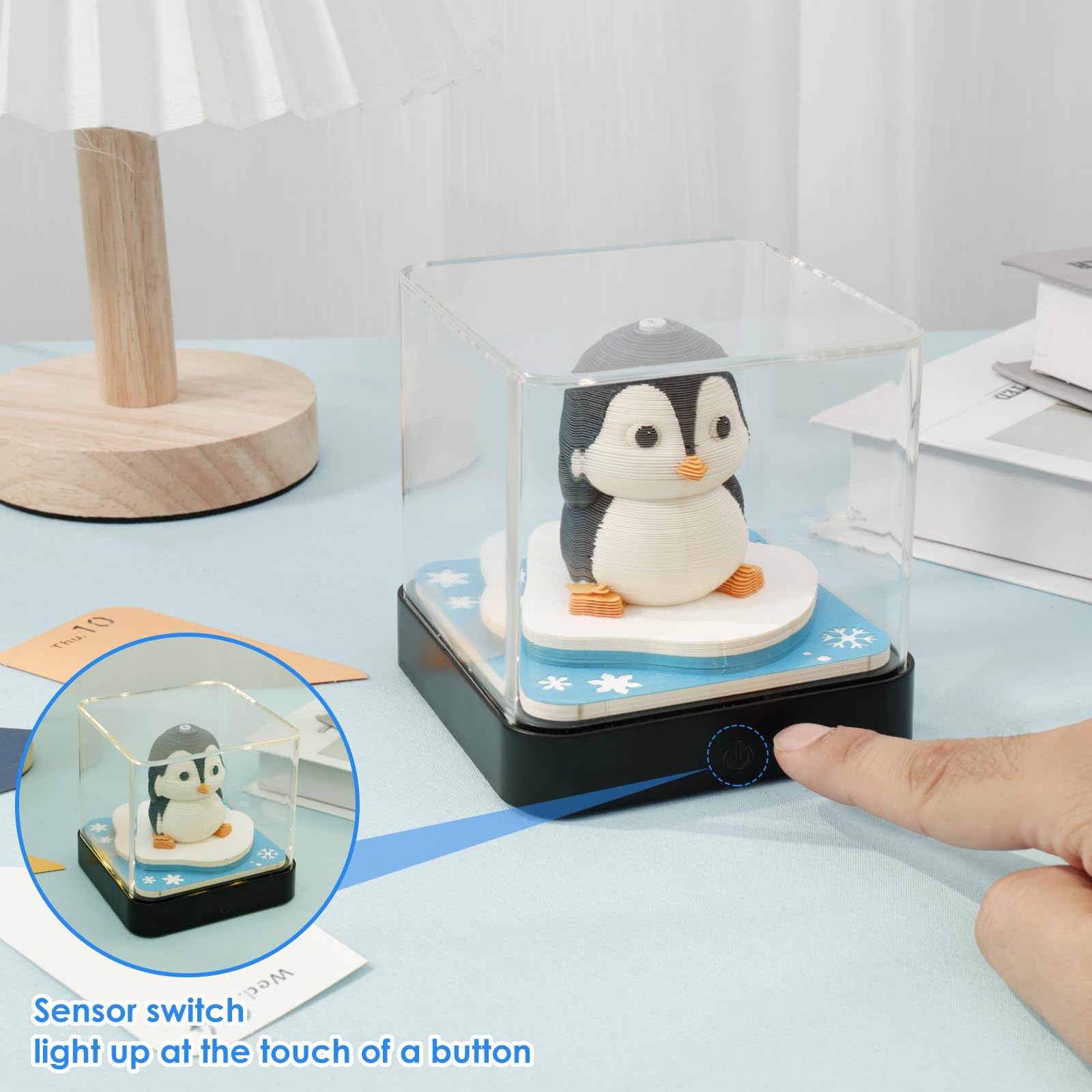 Calendrier 3D 2026, bloc-notes 3D, calendrier de table 2026, avec lumière et boîte d'affichage transparente, en papier créatif, sculpture artistique, calendrier de bureau, ornement de bureau