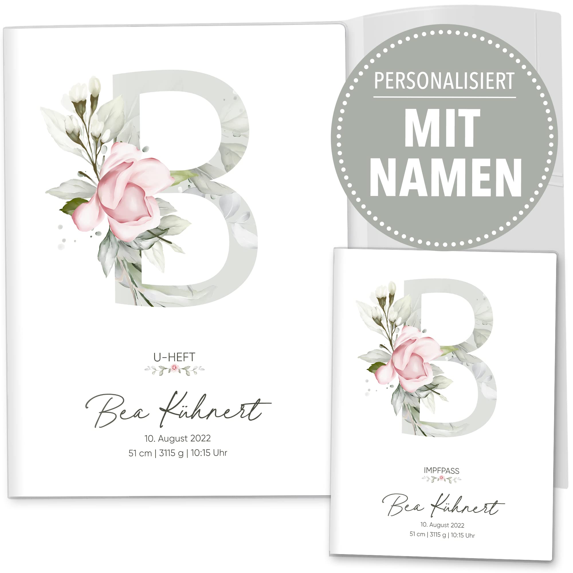 OLGS U-Heft und Impfpasshülle 3-teilig Set individualisiert Buchstabe Untersuchungsheft Hülle & Impfpasshülle Geschenkidee personalisierbar mit Namen, Geburtsdatum (Uhefthüllen, personalisiert, 23)