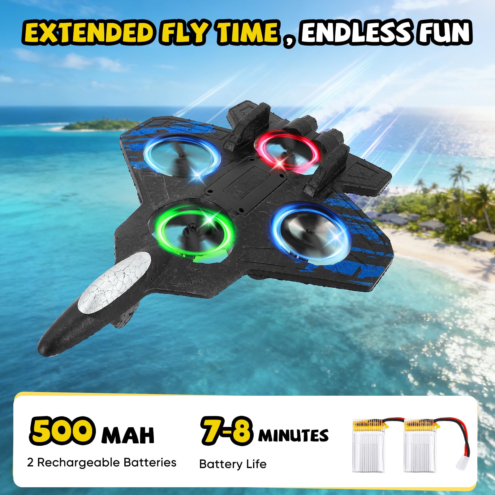 Avión de control remoto, doble control (mando a distancia y mando a mango), RC Avión 360° Rotación, 3 velocidades, con luz LED y hélice de repuesto, avión exterior para niños (azul)