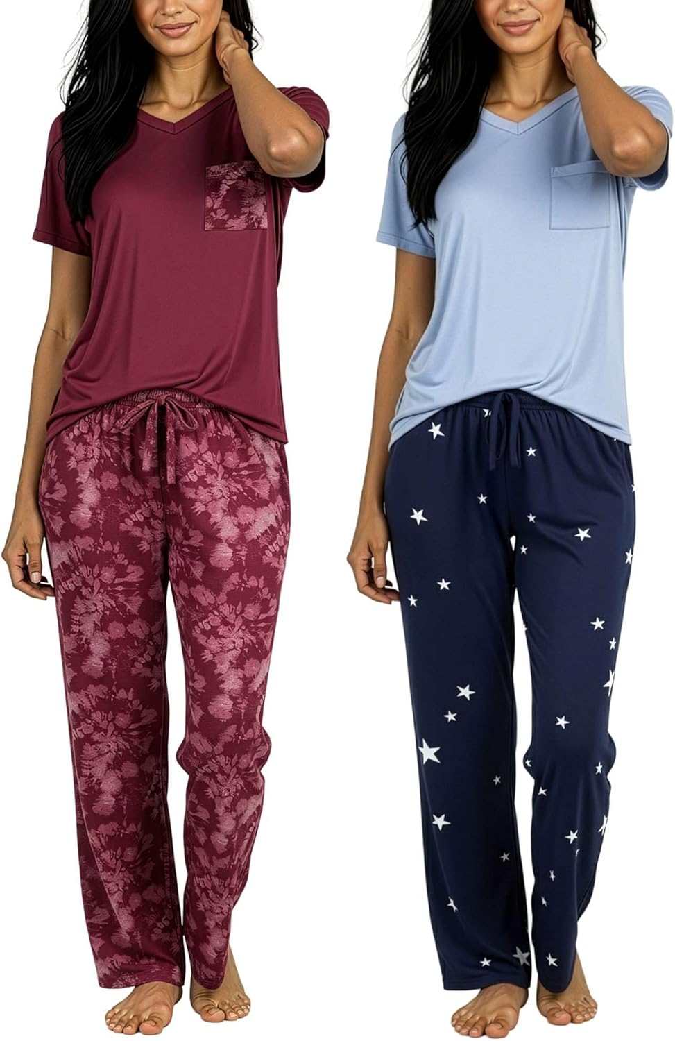 Real Essentials 2 Pack: Women's Comfy Pajama Sets - Short & Long Sleeve Ladies Loungewear Sleepwear PJs (Available In Plus)