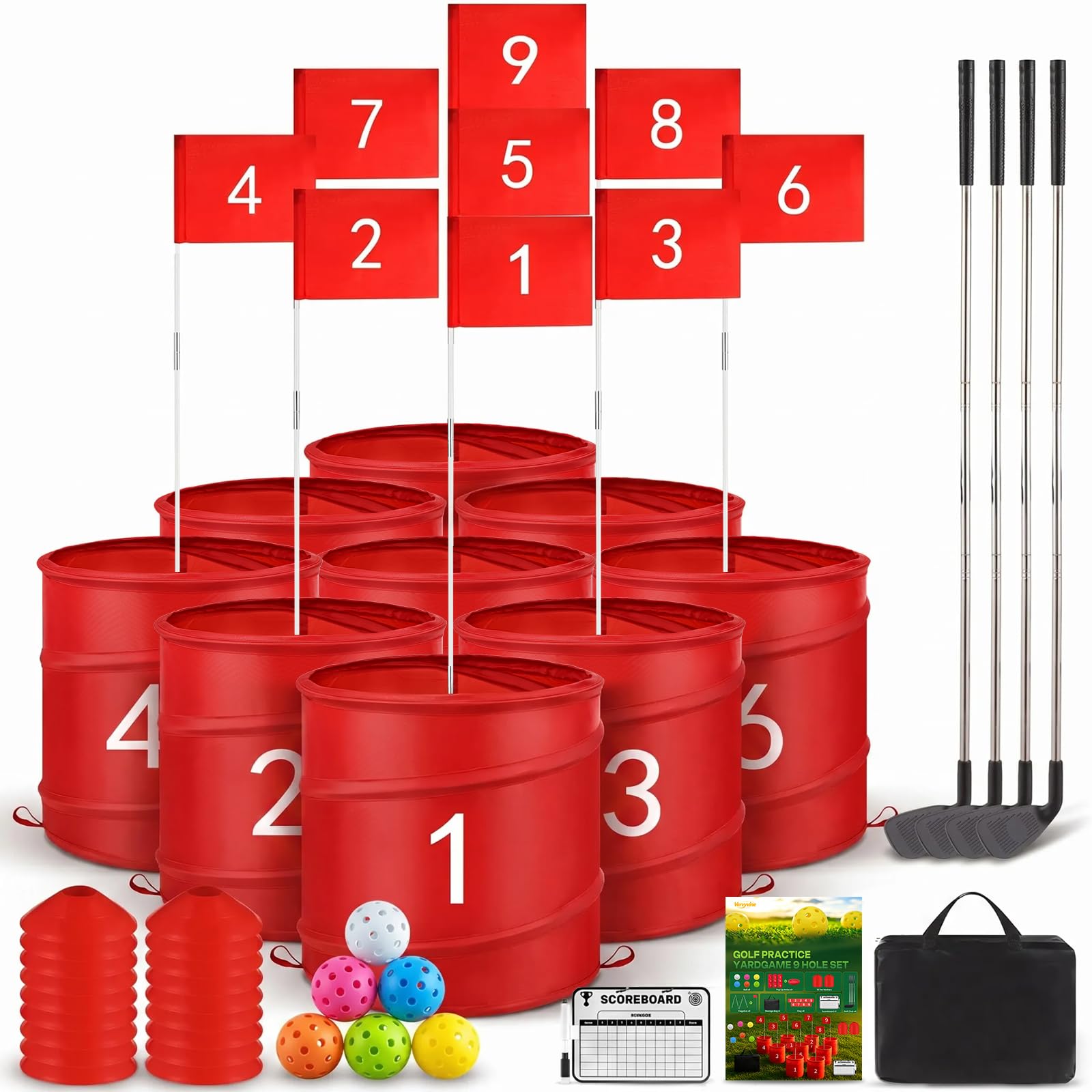 Golf Bucket Yard Game with 4 Clubs for Adults and Family, 9 Hole Golf Course, Balls and Flag - Adult Golf Outdoor Lawn Games and Chipping Games for Backyard Beach Park Camping and Hotel