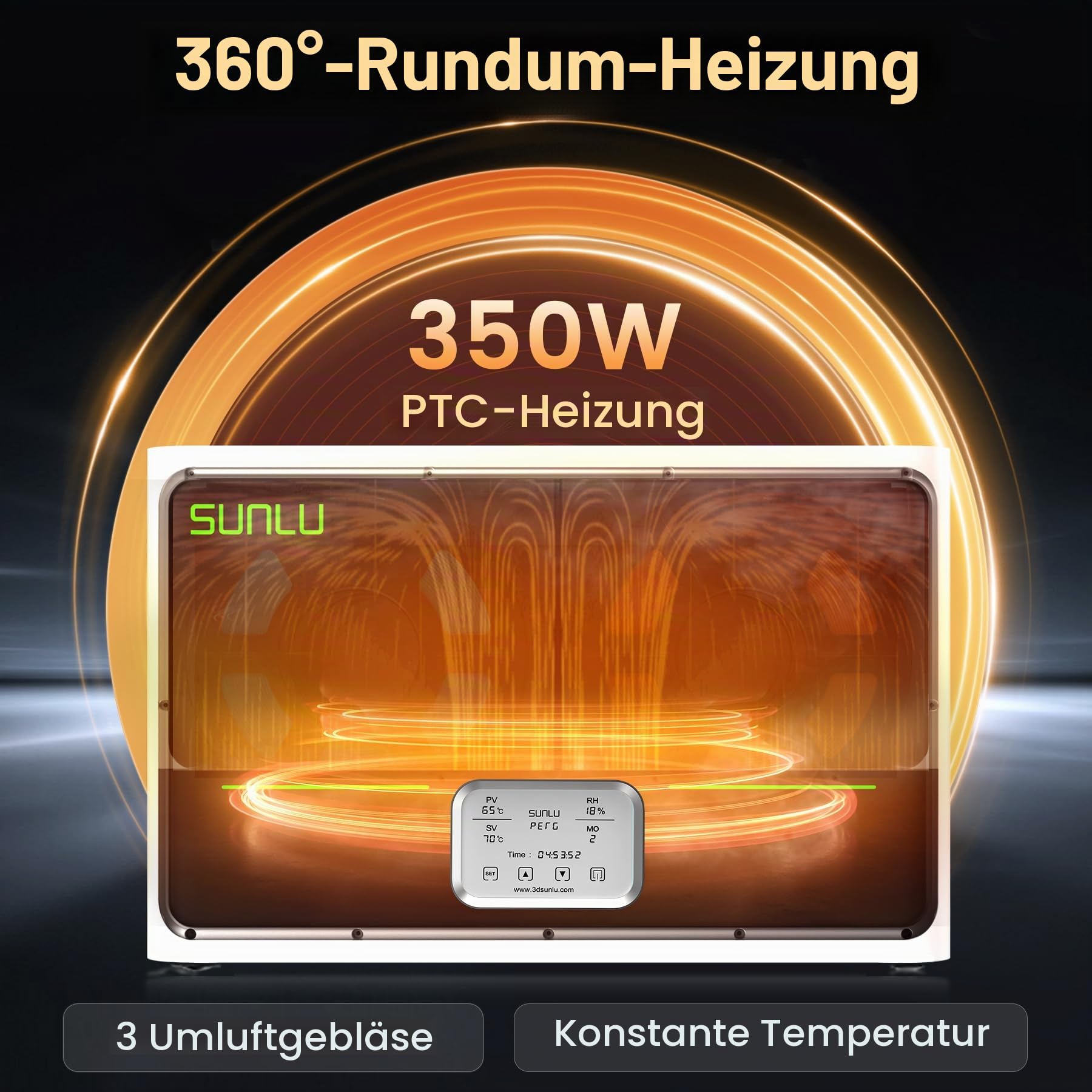 SUNLU S4 Filament Trockner für 4 Spulen, bis 70°C für PLA/PETG/TPU/Nylon | 3 Umwälzventilatoren, 350W PTC Heizelement, 4-Spulen Filamenttrockner für Nylon TPU PLA PETG ABS 1.75mm/2.85mm, Schwarz