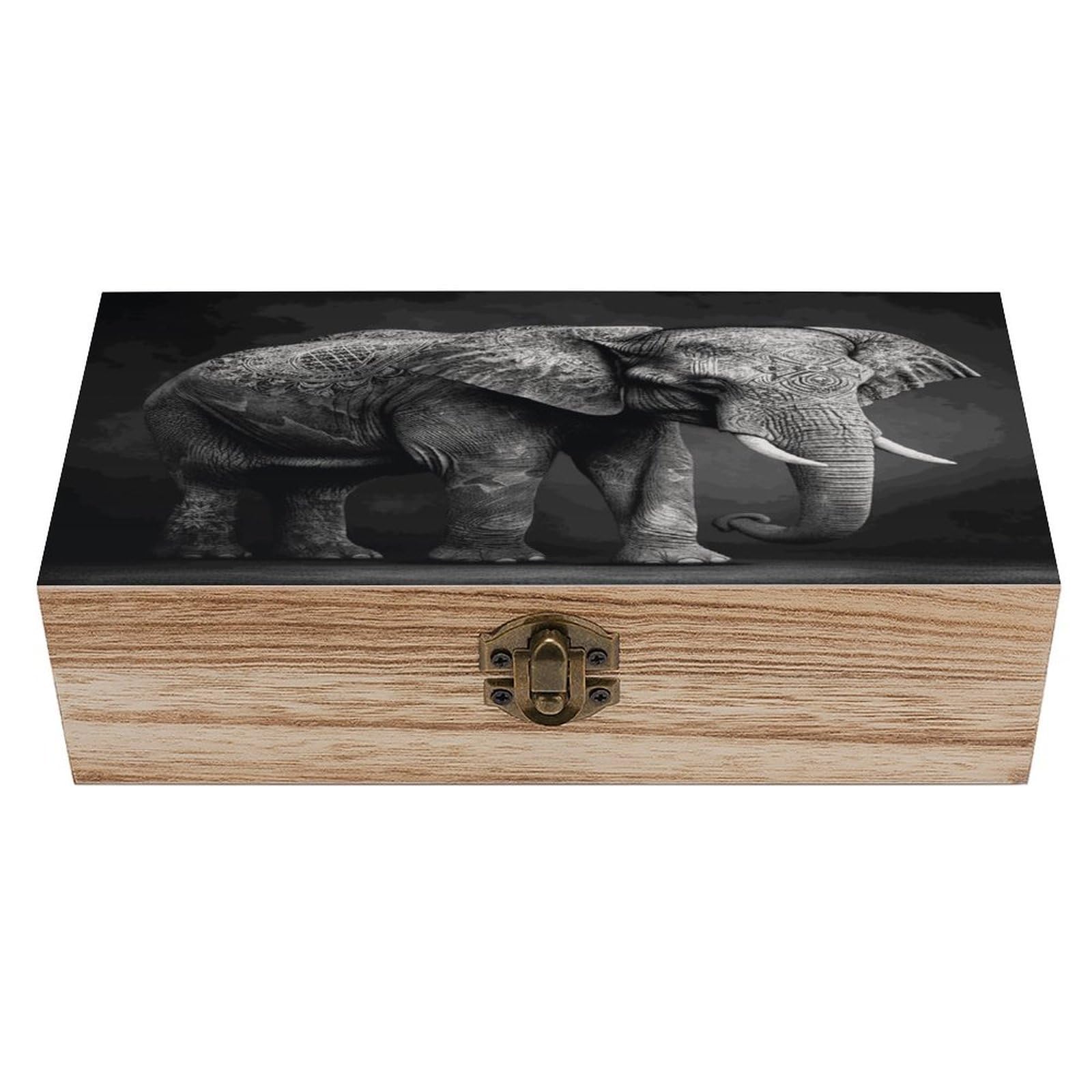 Hlbsdm Black And White Elephant Image Decorative Wooden Storage Chest Wood Storage Box With Lid Retro Wooden Box For Photos Mementos