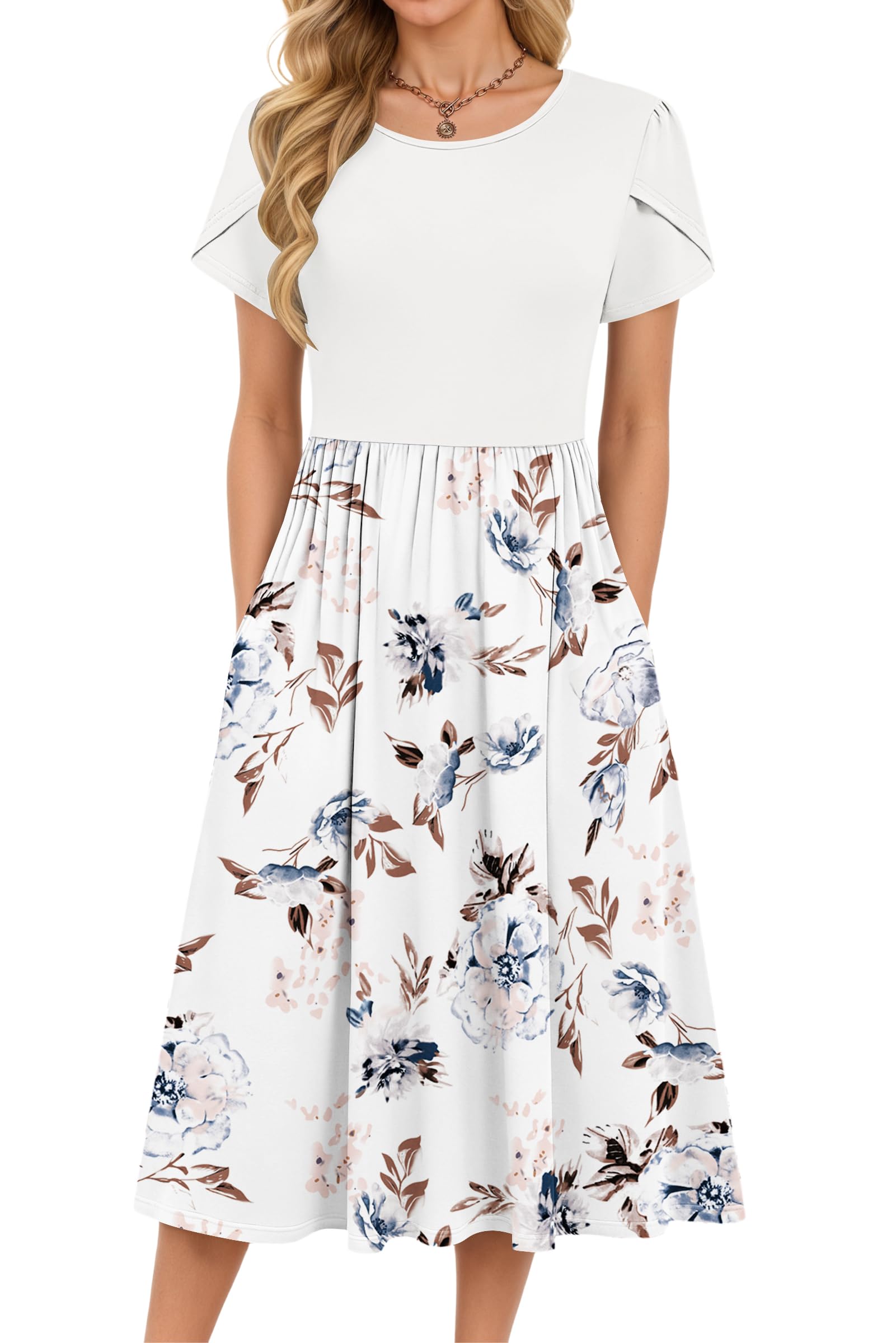 MOLERANI Summer Dress for Women - Round Neck Ladies Dress Elegant High Waist Midi Dresses Casual Floral Dresses with Pockets Floral White 2XL