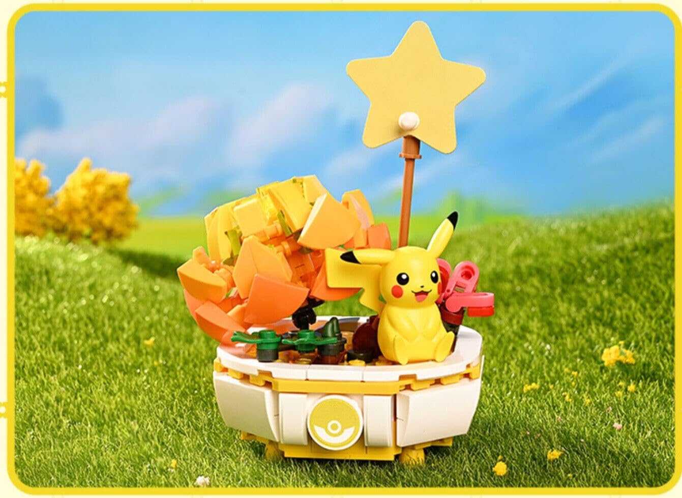 Assembled Keeppley Bonasai PikaPIka K20217 model in a natural setting