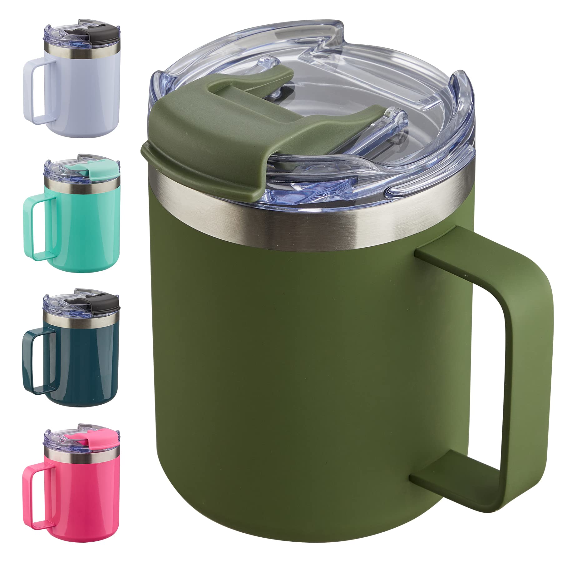 Taza de café aislada de 12 onzas con asa, taza de café de viaje de acero inoxidable con tapa abatible, vaso de café al vacío de doble pared, verde militar