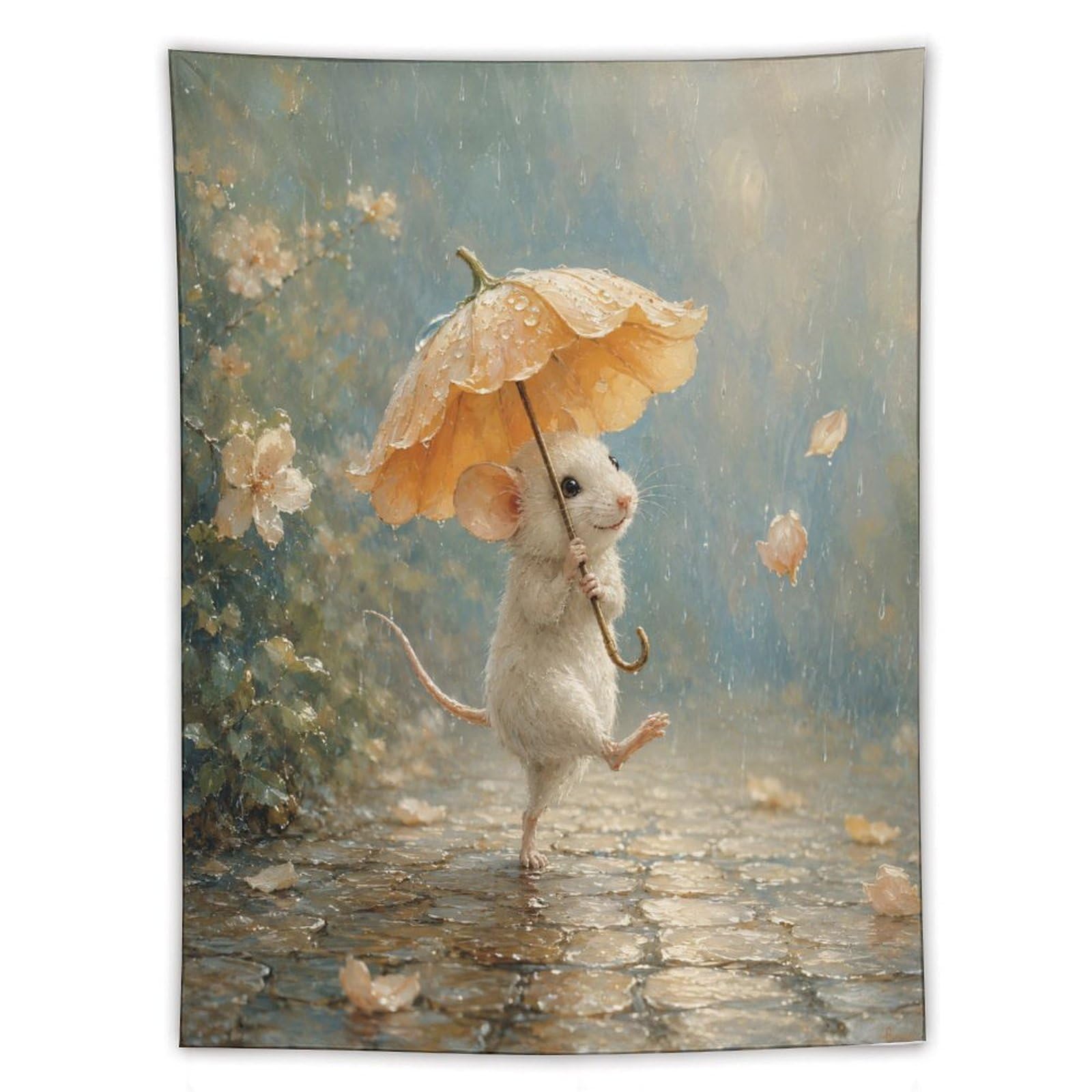 W7C8U2X3 Umbrella Mouse Floral Wall Tapestry, Naive Art Style, Dorm Room