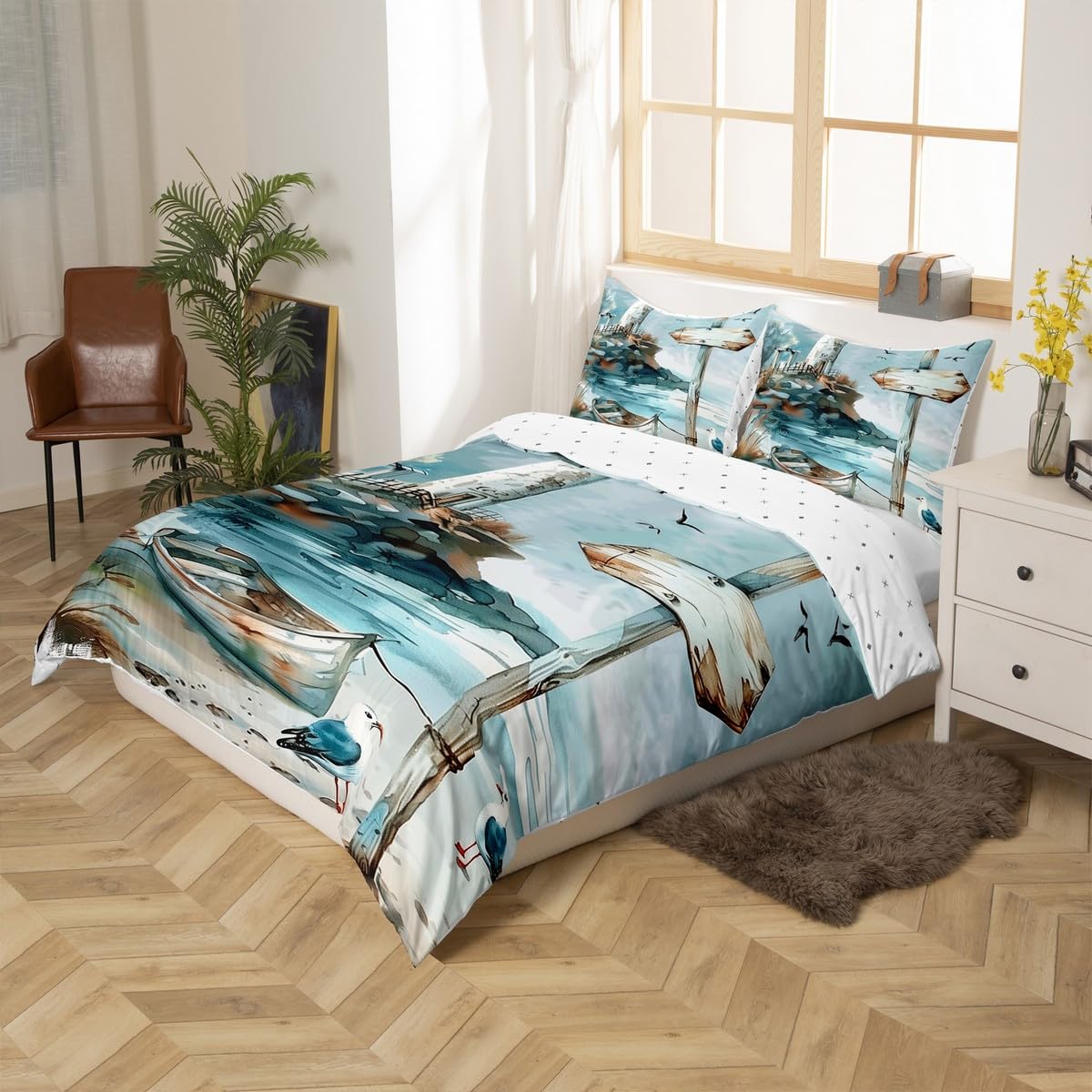 jejeloiu Ocean Theme Comforter Cover Toddler Kids Summer Sailboat Lighthouse Seagull Pattern Bedding Set for Boys Girls Hawaiian Beach Sea Natural Scenery Duvet Cover Room Decor (No Comforter)