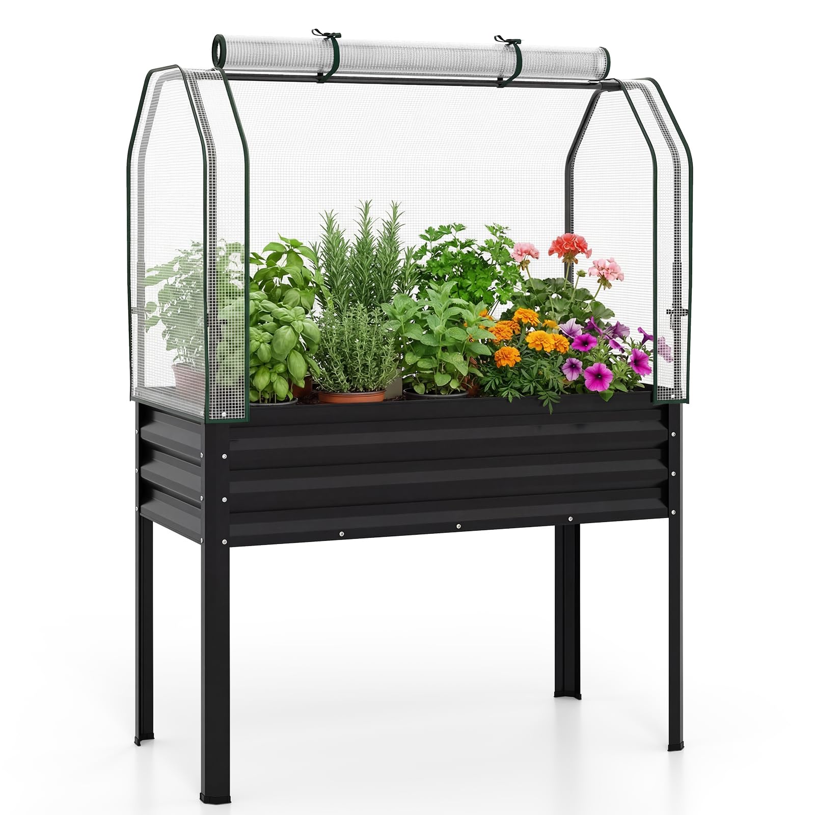 COSTWAY Jardinera Elevada con Invernadero, Cama de Jardín de Metal Galvanizado con Cubierta de Protección, Puerta Enrollable, Huerto Urbano Exterior para Patio, Terraza, Balcón (Negro)