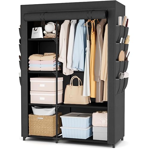 Portable Closets for Hanging Clothes, Wardrobe Closet with Hanging Rod and Clothing Storage Shelves, 8 Side Pockets, Free Standing Clothes Rack with Cover, for Bedroom and Dorm, Black
