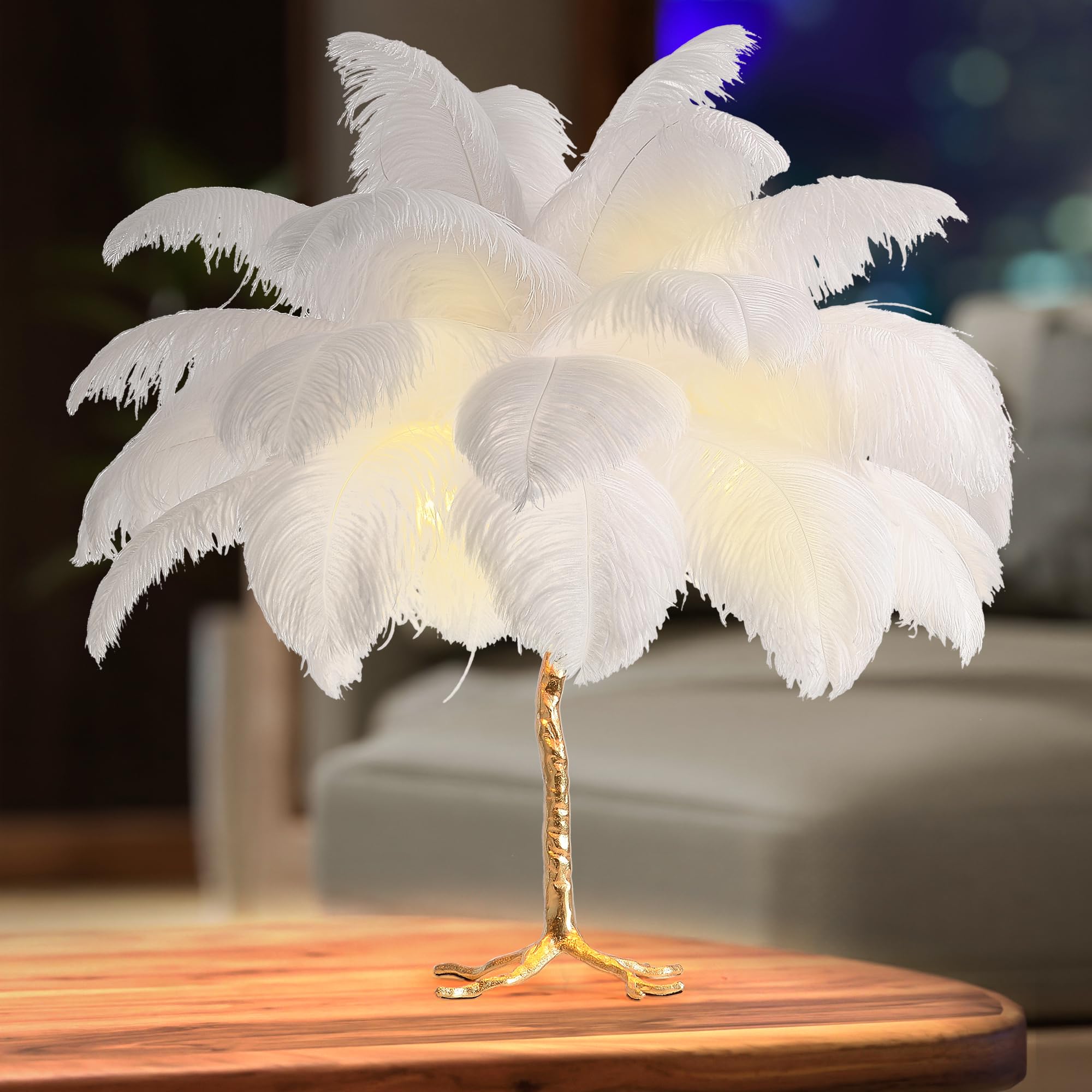 MAYOLA Modern Ostrich Feather Table Lamp with Plug in Wire,3-Light Bedside Floor Lamp for Living Room, Bedroom and Office 24” Tall Feather Desk Lamp (White, Table Lamp-Resin)