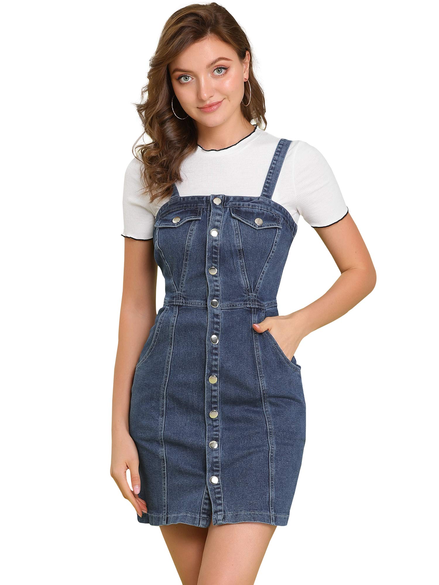 Allegra K Women's Button Front Classic Adjustable Strap Overall Denim MIni Dress