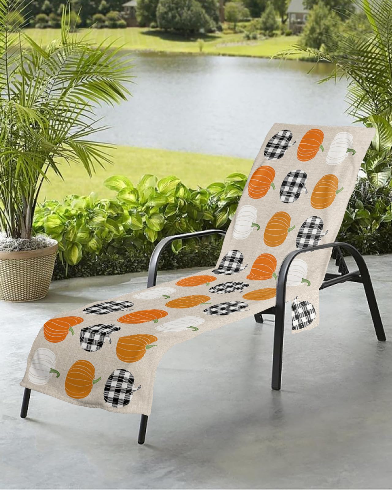Pumpkin Beach Chair Towel Covers for Chaise Lounge with Side Pocket, Soft Plush Pool Towels Cover for Patio Sunbathing Outdoor 29''x85'' Retro Orange Thanksgiving Fall Plaid Black