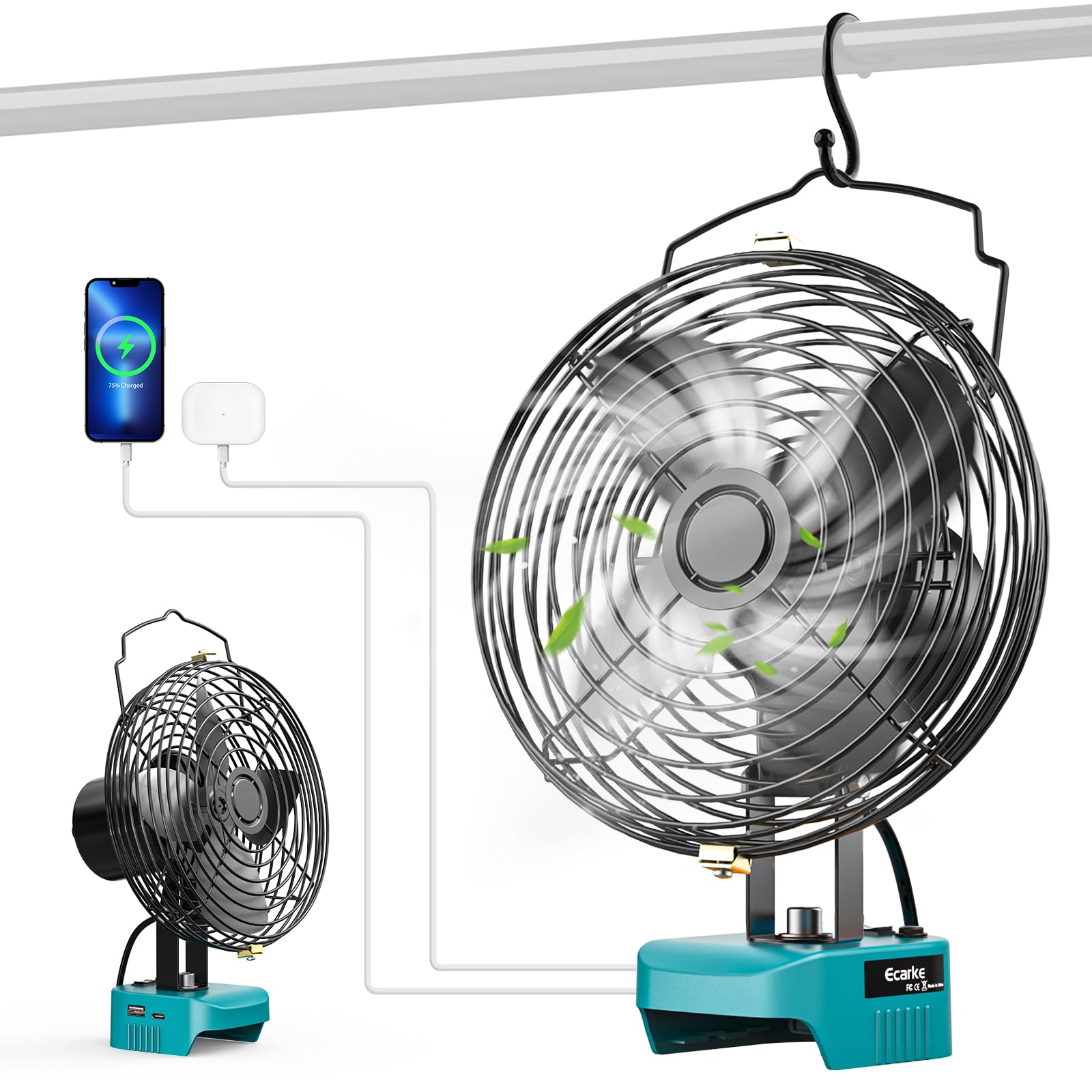Ecarke Ventilatore a batteria da 6 pollici, compatibile con batterie Makita da 18 V, ventilatore portatile con connettore USB e tipo C, ideale per campeggio, officina, casa e cantiere (senza batteria)