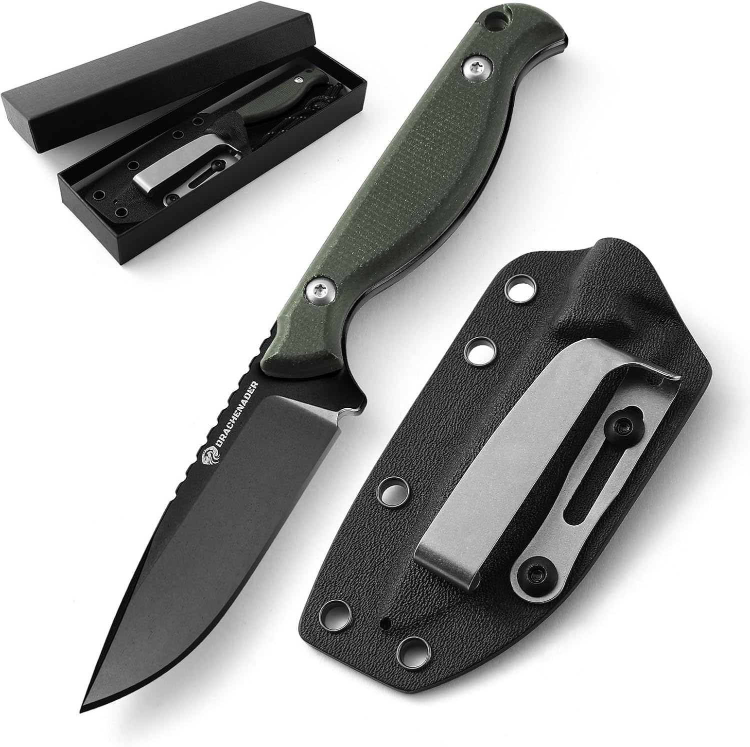 DRACHENADER GT3 Small Fixed Blade Knife, Full Tang D2 Steel, Micarta Handle, Kydex Sheath & Pocket Clip, EDC & Outdoor Utility Knife for Camping (Black-Green)