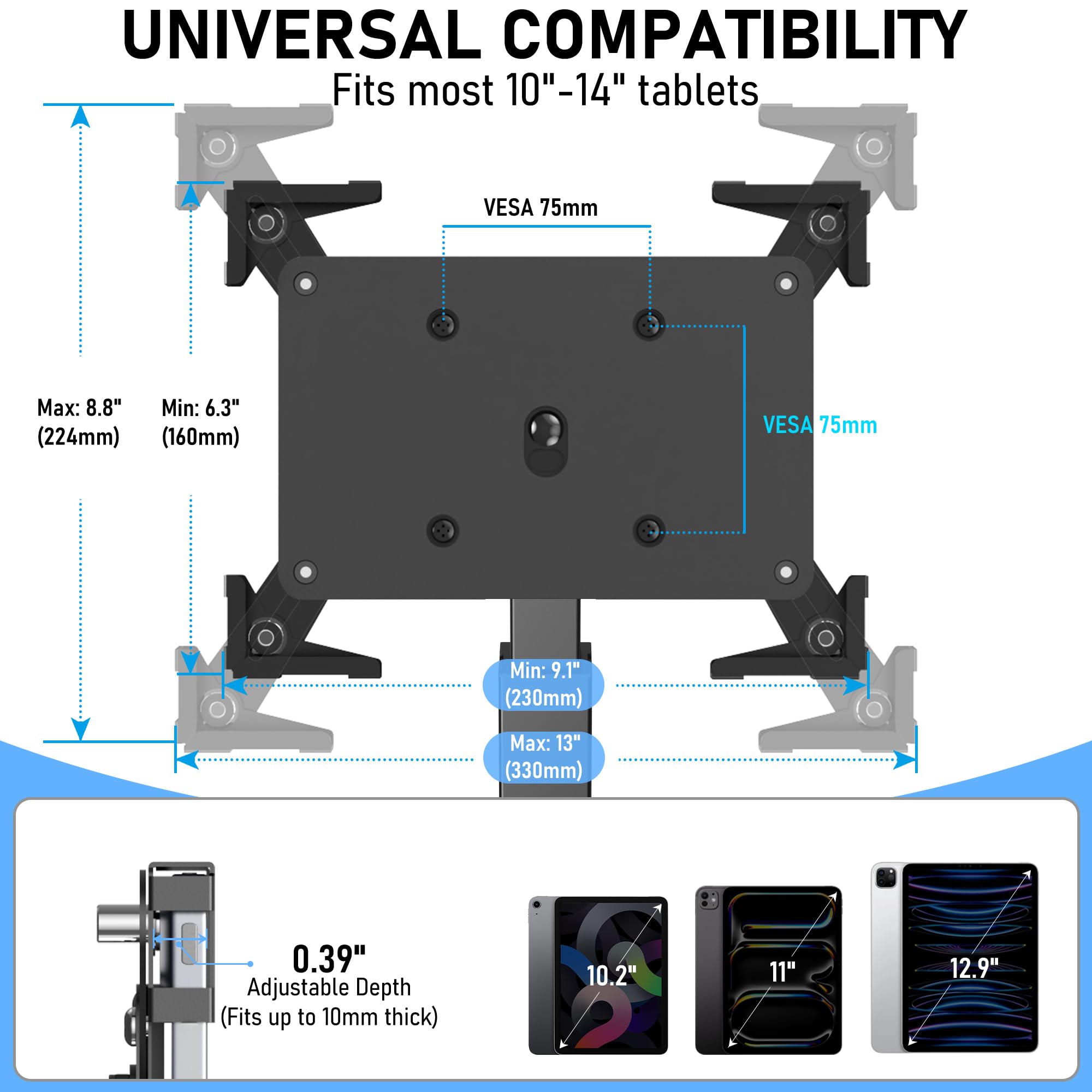 Soporte Antirrobo Kiosco Para Tablet De 10"-14" iPad Pro Air Y Samsung, Montaje TPV De Mostrador Seguro De Acero Resistente Para Negocios Y Tiendas Comerciales, Altura Ajustable, Rotación 360°, Negro