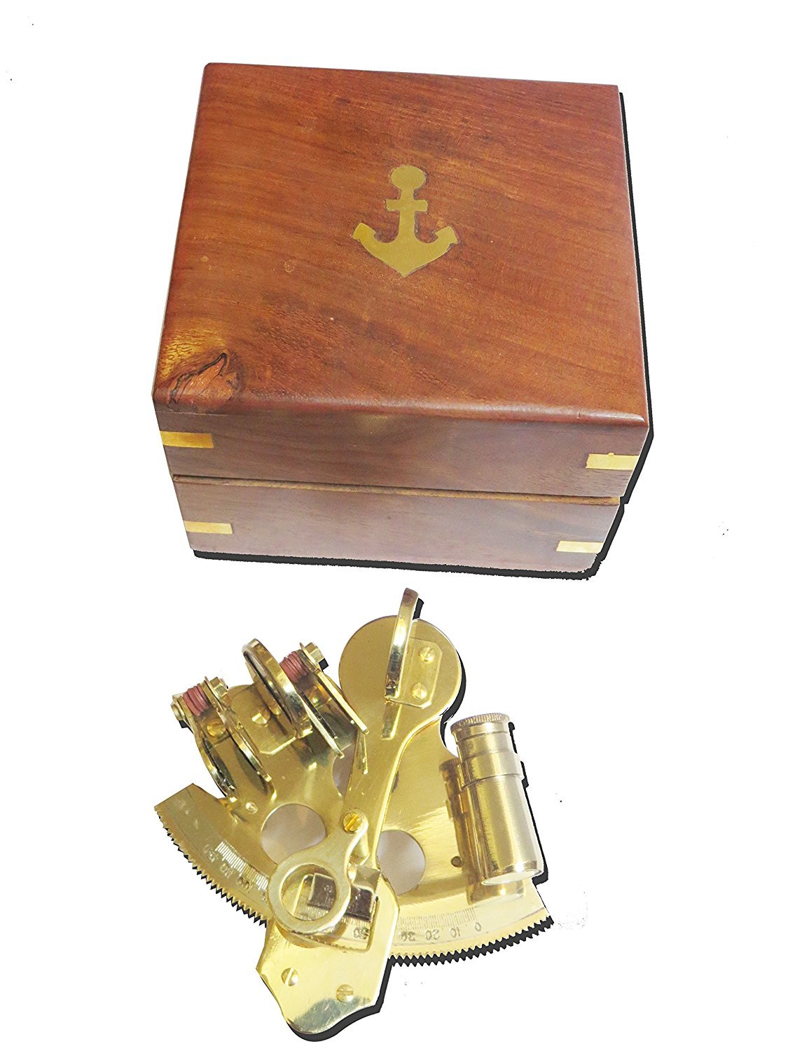 Sestante Nautico In Ottone Massiccio Malla Inc. - Con Scatola Di Legno, Strumento Da Collezione