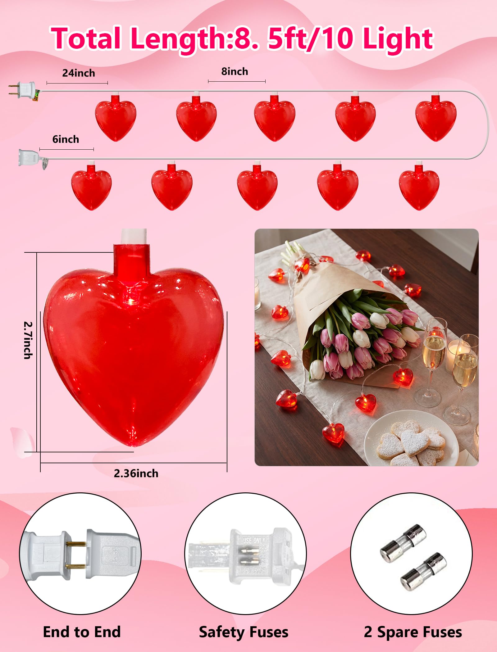 Stringa di luci a forma di cuore per San Valentino, decorazioni per San Valentino, con 10 luci rosse a forma di cuore, collegabili, per San Valentino, feste, matrimoni, decorazioni per vacanze