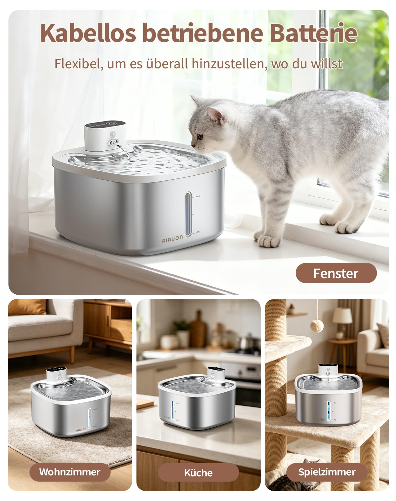 Trinkbrunnen Für Katze Kabellos, 3.5L katzenbrunnen Edelstahl, Drahtlos & Ultra-leise mit Sensor- und Zeitmodus, Batteriebetrieben für Katzen, leicht zu reinigen-W04 (Katzenbrunnen+2Filter)