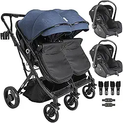 Carrinho Kiddo para Gemeos com 2 Bebe Conforto Vox II Marinho