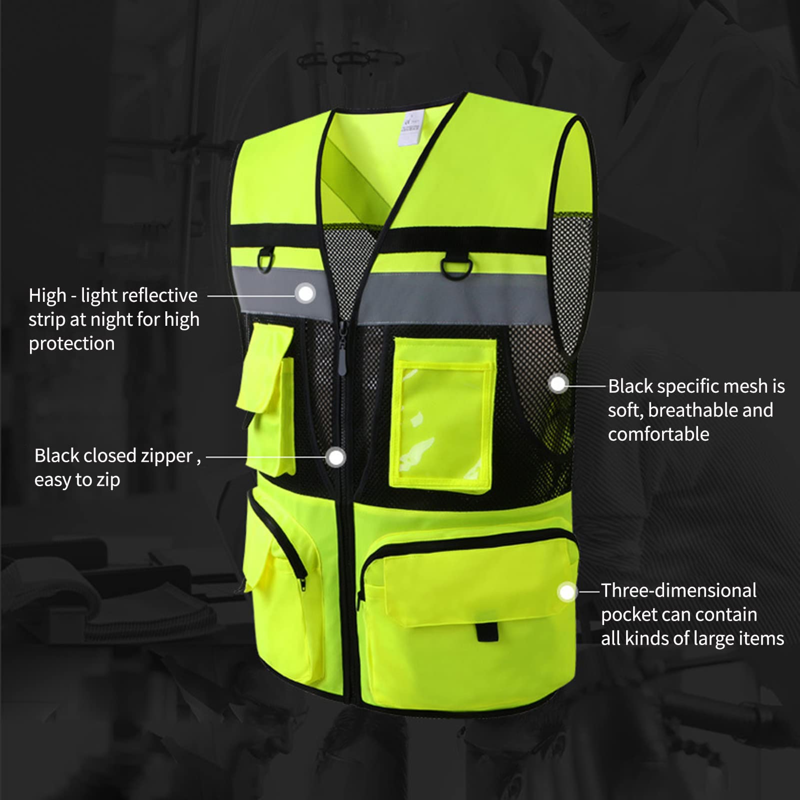 Gilet di Sicurezza Riflettente ad Alta Visibilità Con Tasca Zip, Fodera in Rete Traspirante, Delicato Sulla Pelle e Resistente All'Usura - Taglia M