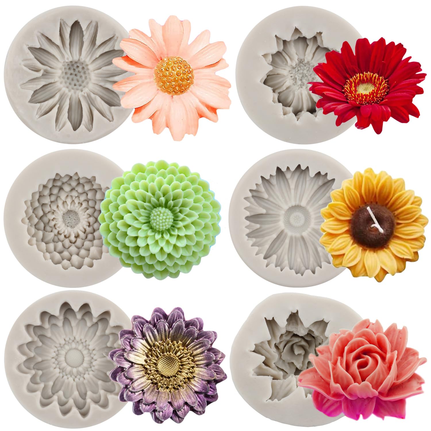 MYPRACS Chrysanthemum Flower Silicone Mould Flower Fondant Moulds Daisy Chocolate Candy Mould for Cake Decorating Cupcake Topper Polymer Clay Gum Paste Set of 6