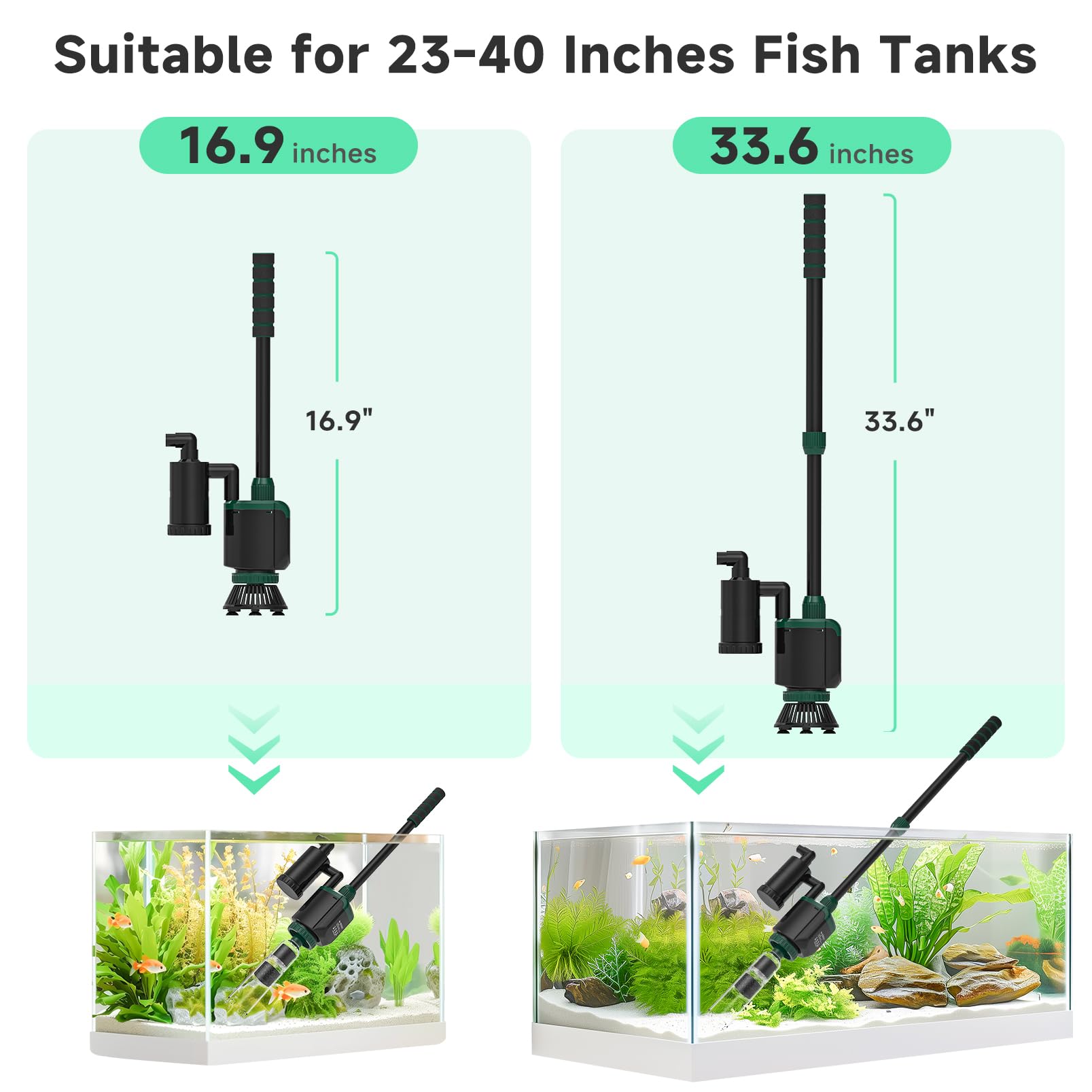AQQA Nettoyeur d'aquarium 34 W 600 GPH DC Aspirateur de gravier pour aquarium, aspirateur de gravier d'aquarium 6 en 1 Débit d'eau réglable Outils de nettoyage pour changer l'eau, le lavage, le sable