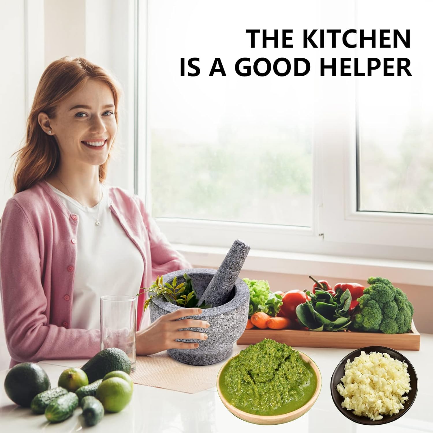Mortar and Pestle Set,6 Inch 2 Cups 100% Unpolished Granite Mortar and Pestle Large-Easy to Clean&No Pieces of Shedding,for Crushing/Grinding-Guacamole,Salsa and Pesto,Non-Slip Mat: Home & Kitchen