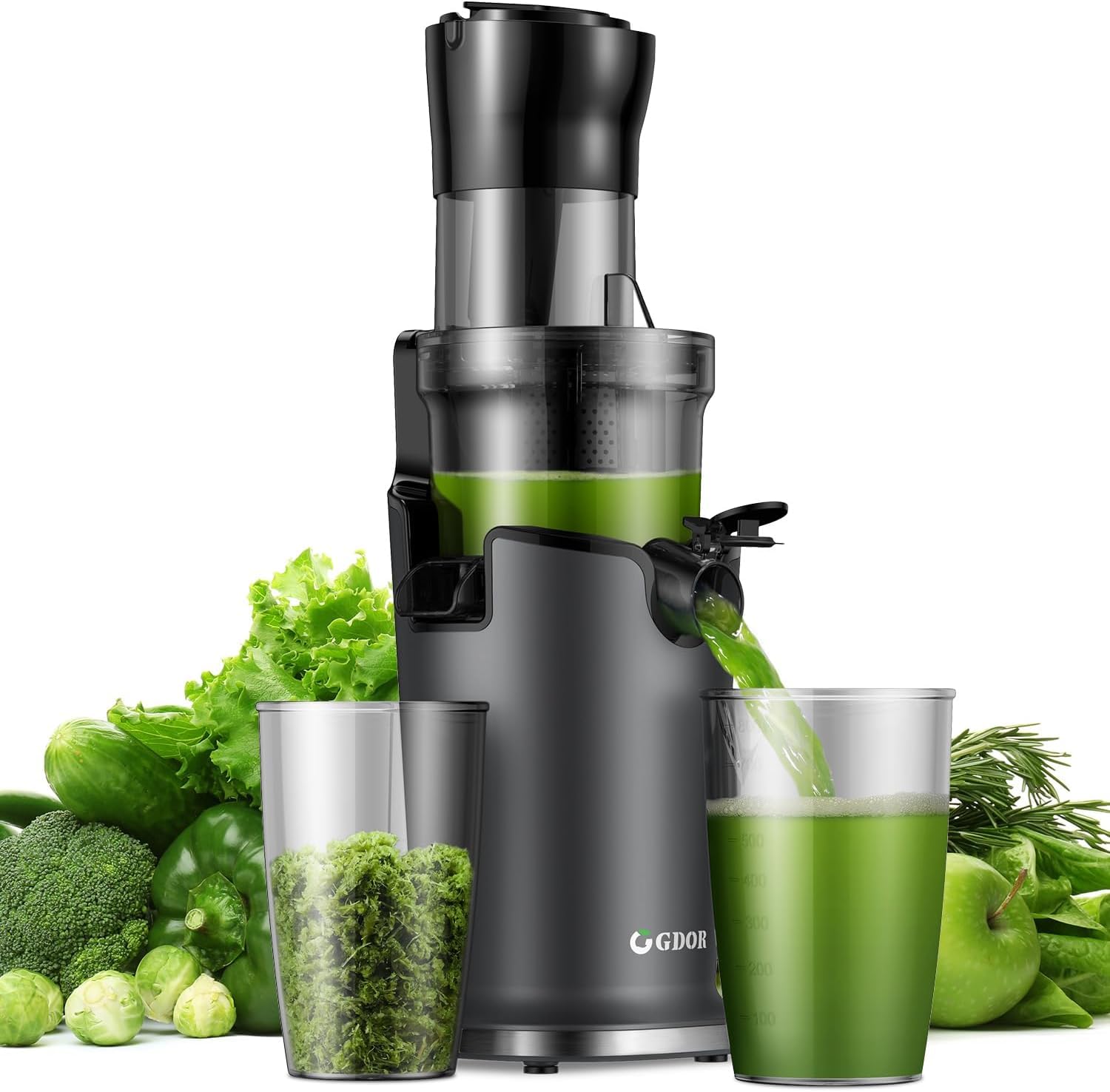 GDOR Slow Juicer Entsafter für Gemüse und Obst mit 90mm XL Einfüllöffnung, Hohe Saftausbeute Entsafter, Leise & BPA-frei, Einfach zu Reinigen, Elektrische Saftpresse mit 2 Gläsern & Bürste, 200W