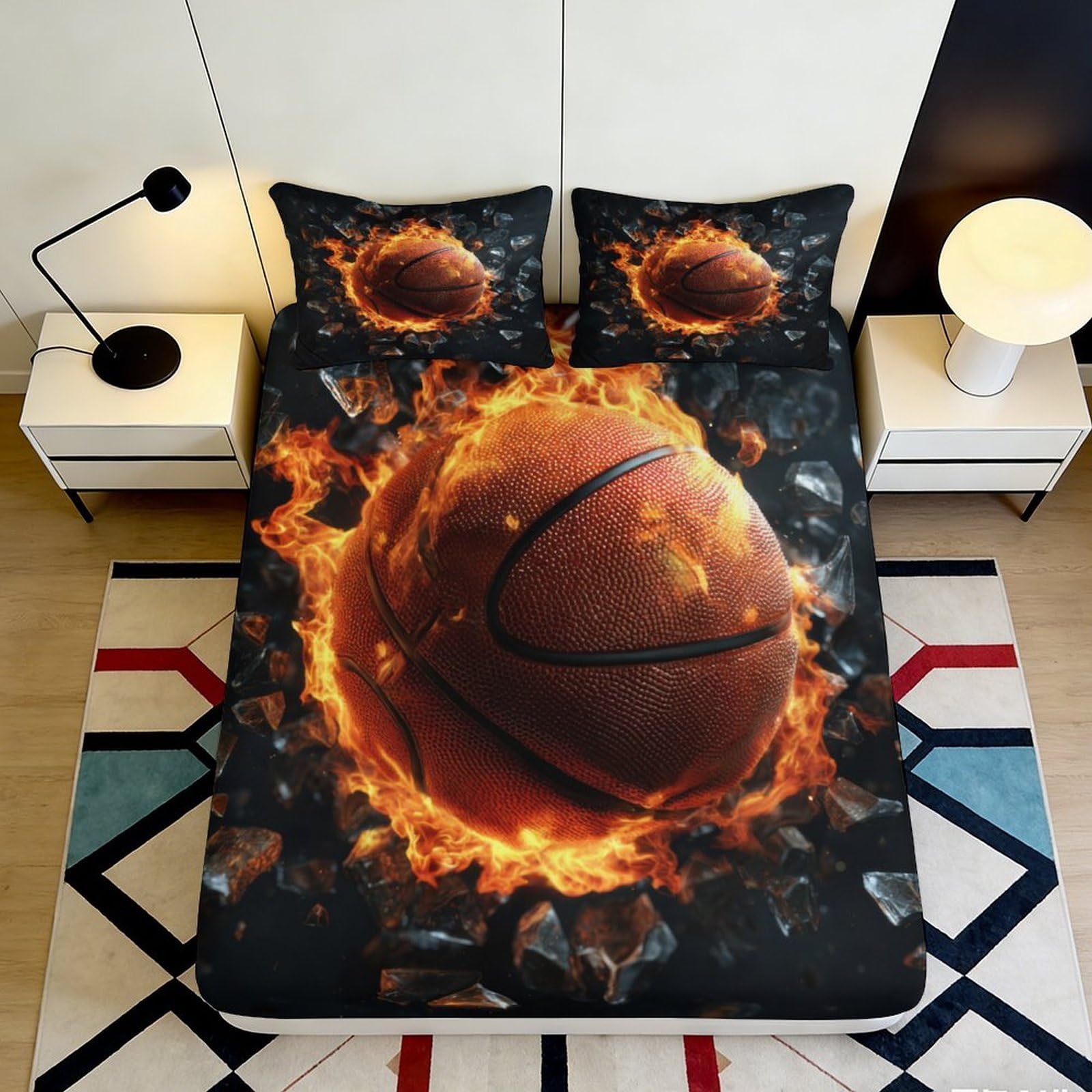 3D Printed Basketball Fire Fitted Sheet Microfiber Anti-Slip Sports Flame Mattress Cover for Bedroom Dorm Easy Care Decor 160x200x25cm