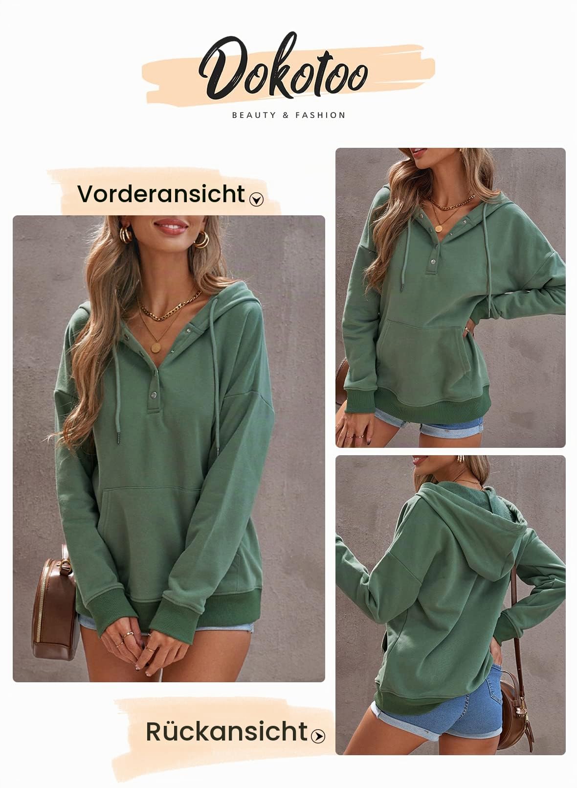 Dokotoo Kapuzenpullover Damen Knopfleiste Hoodie Pullover