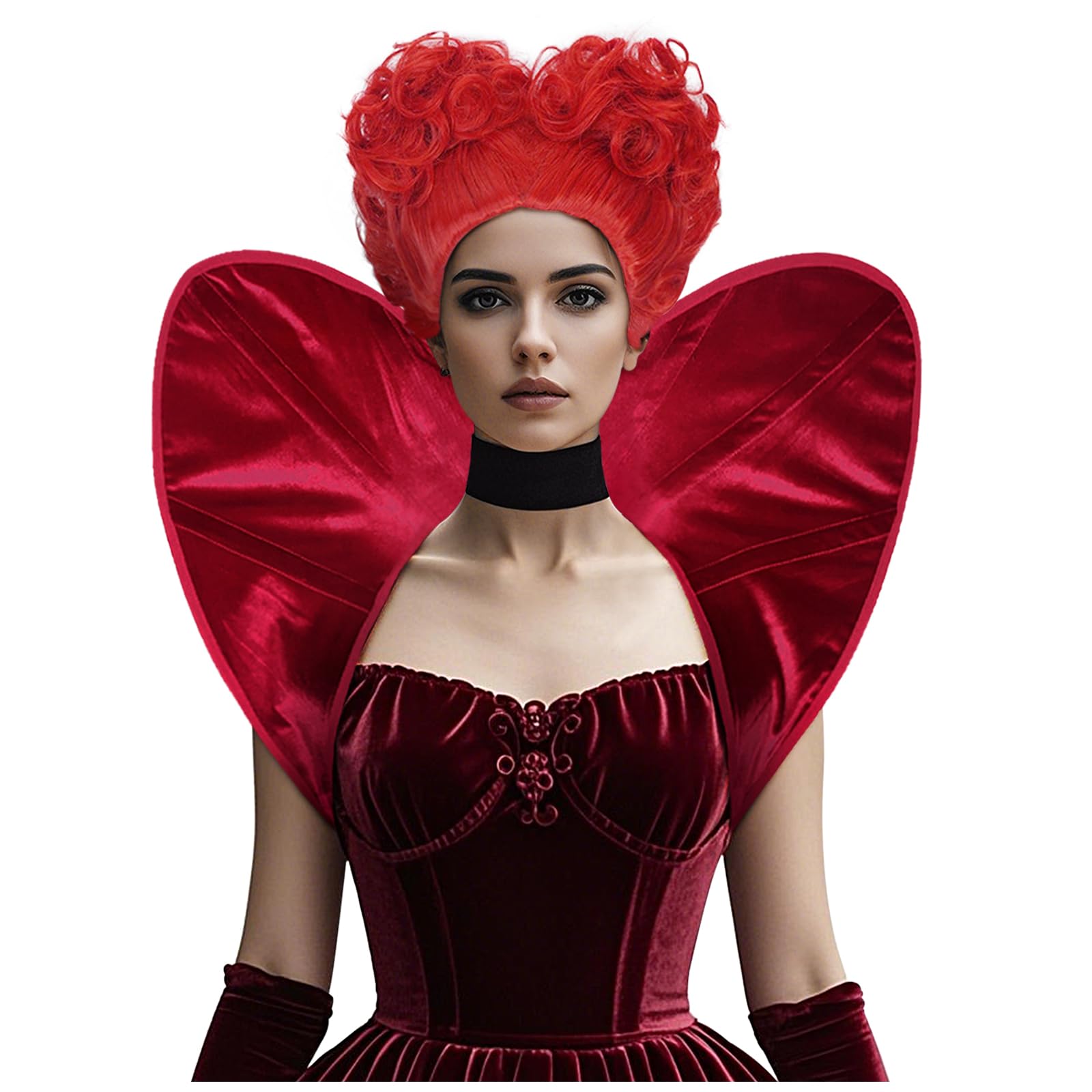 L'VOW Queen of Hearts Costume Set - Victorian Gothic Collar & Red Heart Wig for Halloween Vampire Cosplay