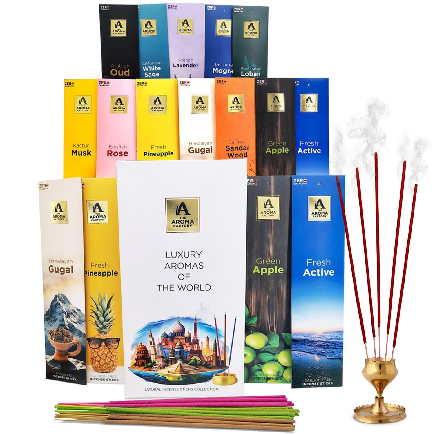 The Aroma Factory Pack Of 8 Organic Incense Sticks No Charcoal | Non Toxic | Special Combo Of Aromatic Fragrances | Agarbatti Jutebag Gift Set With Wooden Holder (Pack Of 8)