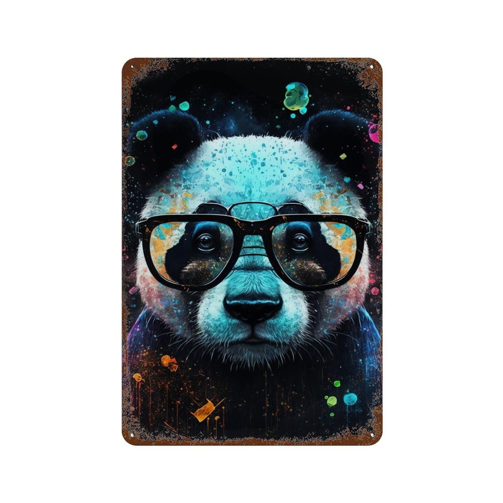 Rust Effect Colorful Panda with Glasses -1 Rusty Metal Tin Sign 11.8"x7.9", Decorative Metal Wall Art for Farmhouse, Kitchen And Entryway Decor