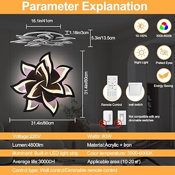 LED Ceiling Light 80W Dimmable with Remote, Modern Petal Lamp [Energy Class E]