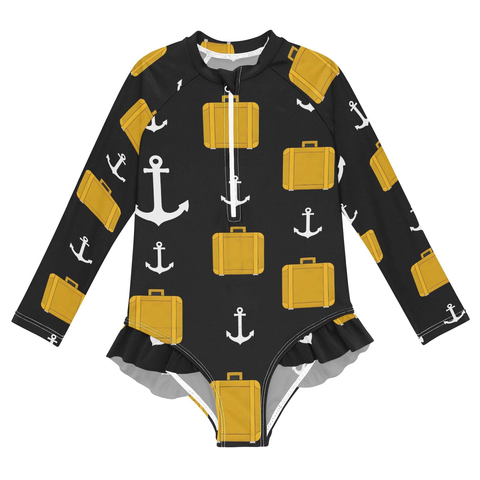 ALAZA Swimsuit for Girls Long Sleeve Rashguard Bathing Suit Black Luggage Quick Dry 4T