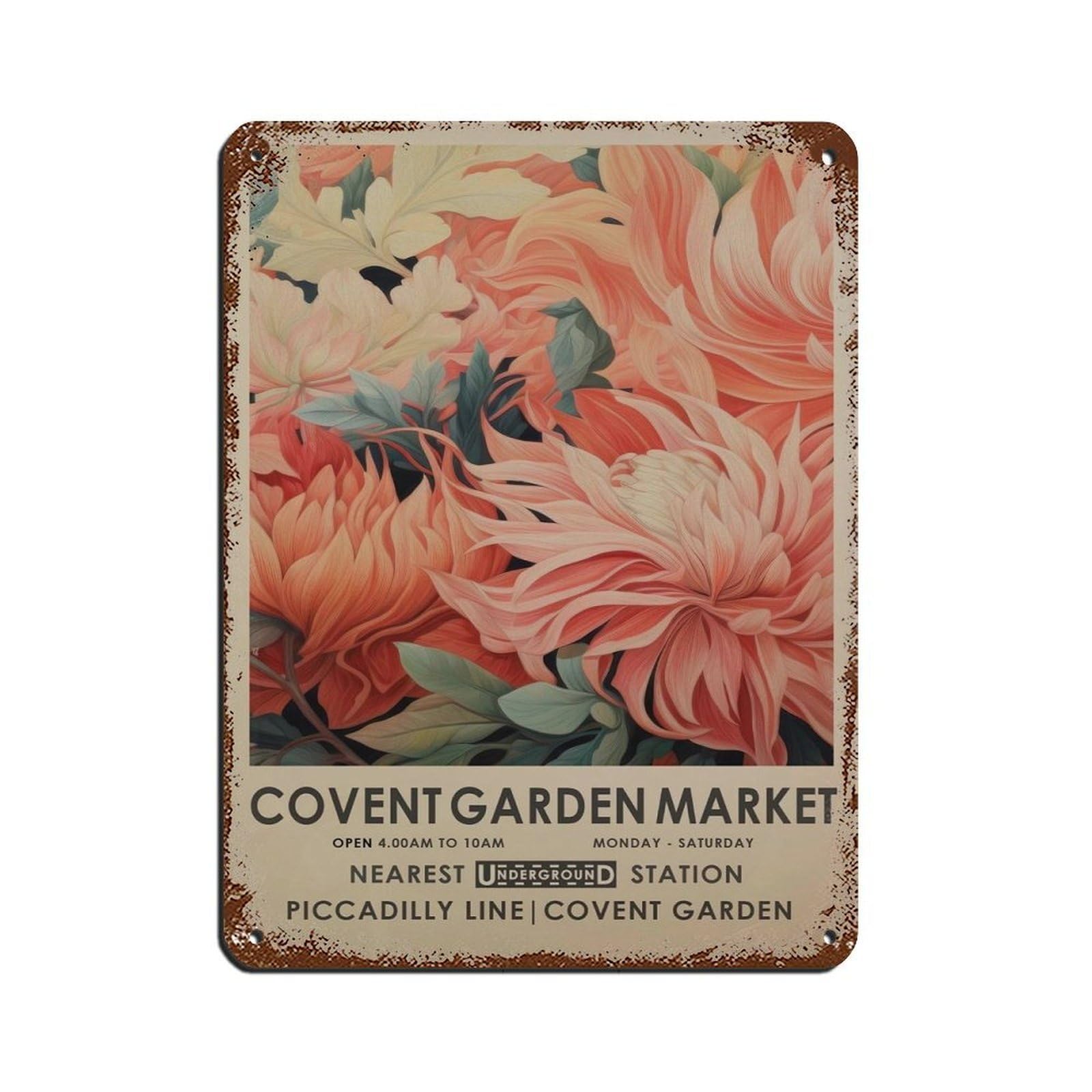 Covent Garden Flower Market, Vintage Pink Tin Sign Vintage Metal Pub Club Cafe Bar Home Wall Art Decoration Poster Retro 12x16inch(30x40cm)