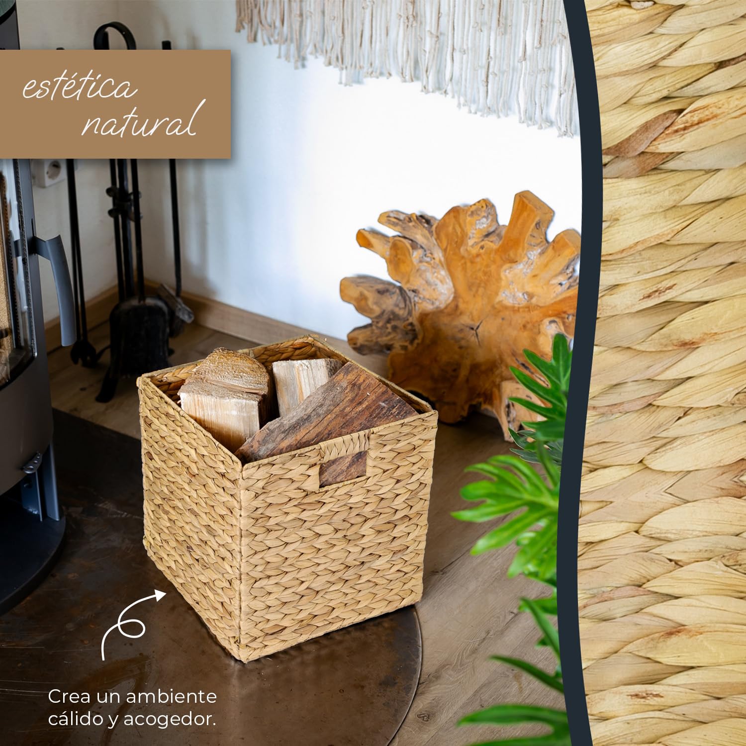 HMF Cesta de almacenamiento compatible con estantería KALLAX, cesta tejida de jacinto de agua con asas | set de 2 | 32 x 34,5 x 32 cm | Natural