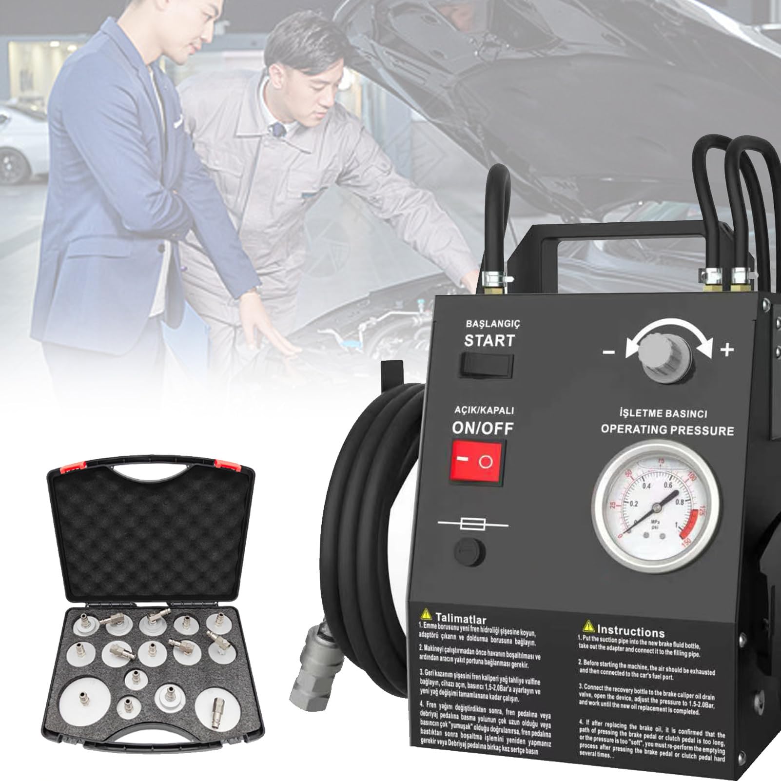 Elektryczne urządzenie do odpowietrzania hamulców, automatyczne urządzenie do odpowietrzania hamulców, z 16 adapterami do cylindra głównego, do konserwacji hamulców samochodowych. PackageB-Black