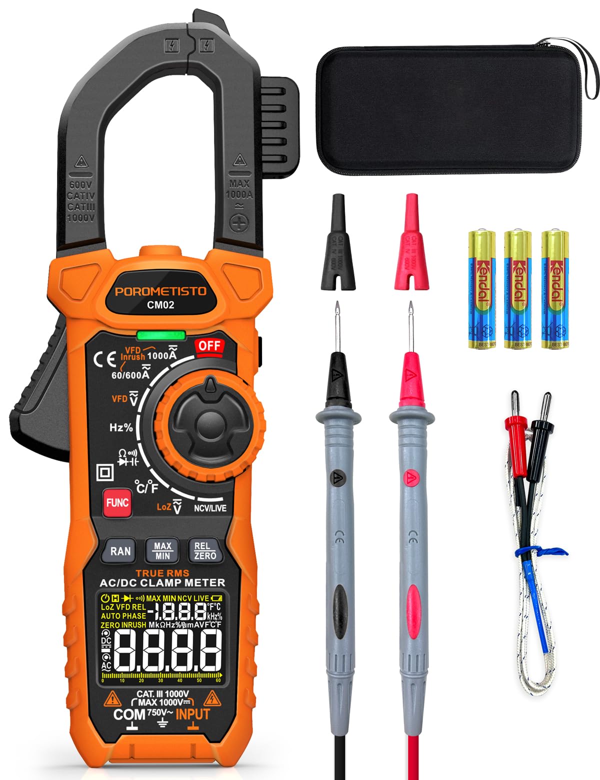 Clamp Meter POROMETISTO Digital Inrush Clamp Multimeter 1000A TRMS 6000 Counts, Amp Voltage Tester with VFD, LOZ Mode，Measures AC/DC Current Voltage NCV Temperature Resistance Capacitance Frequency